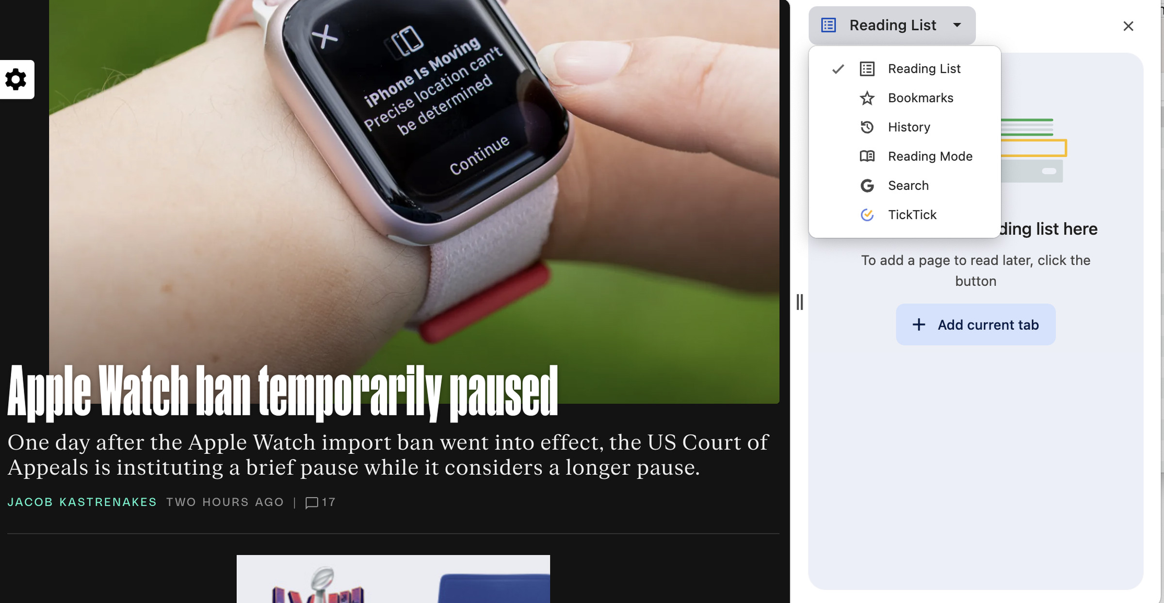 Chrome page with The Ver page site on the left with the headline “Apple Watch ban temporarily paused” and a column on the right with a drop-down menu.