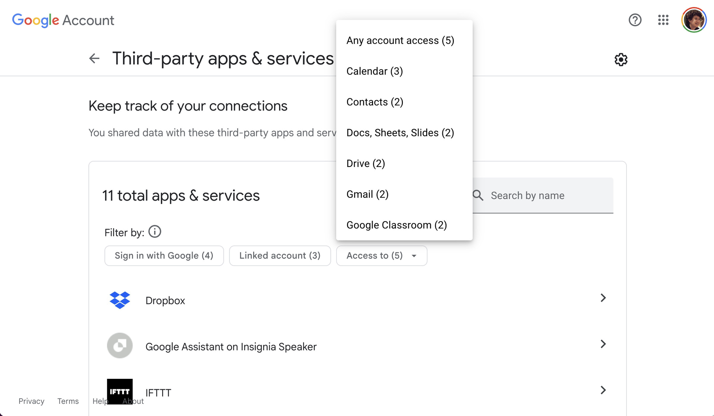 A pop-up menu of Google apps over the Third-party apps &amp; services page.