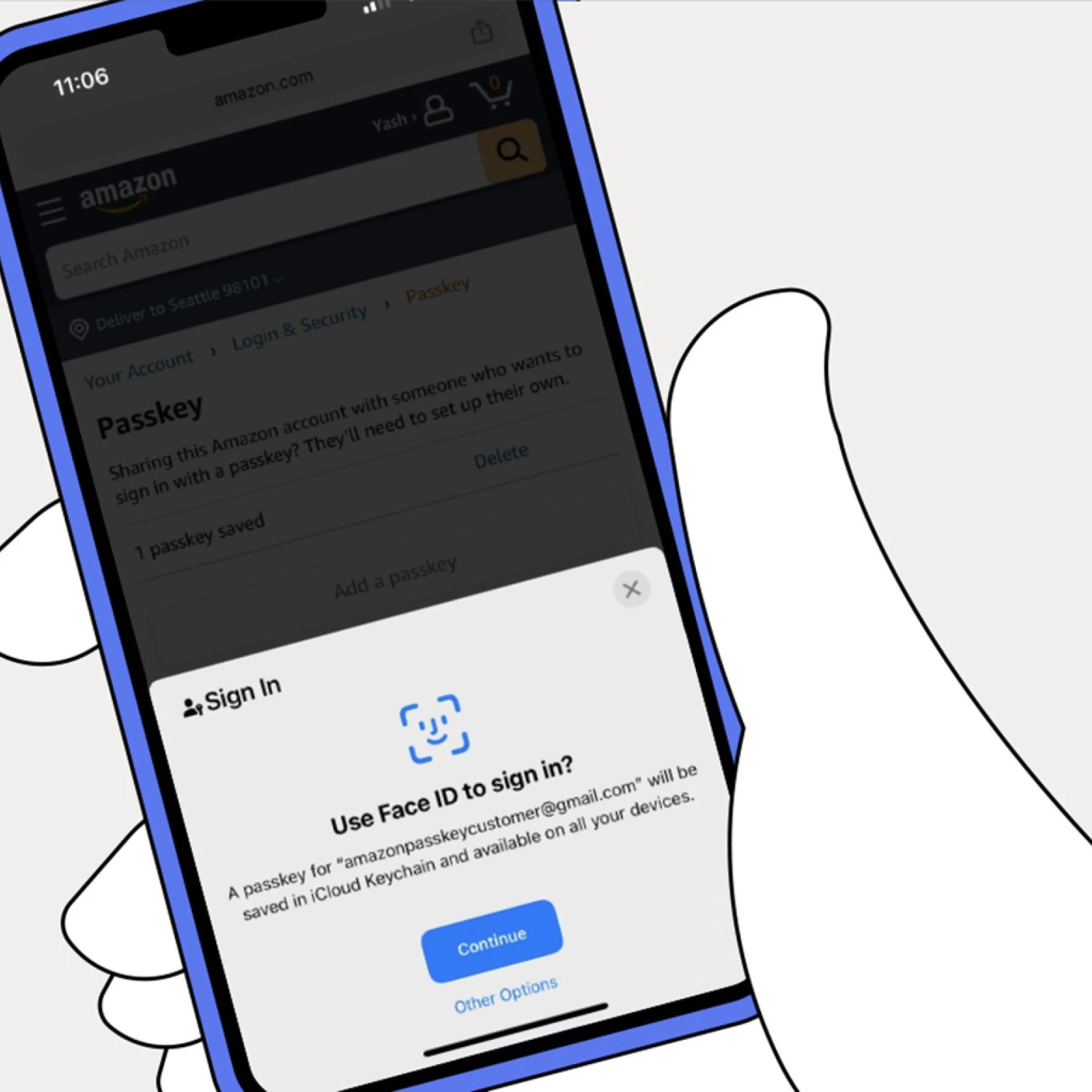 Illustration of a hand holding an iPhone with the Face ID screen saying a passkey for amazon customer will be saved in iCloud keychain