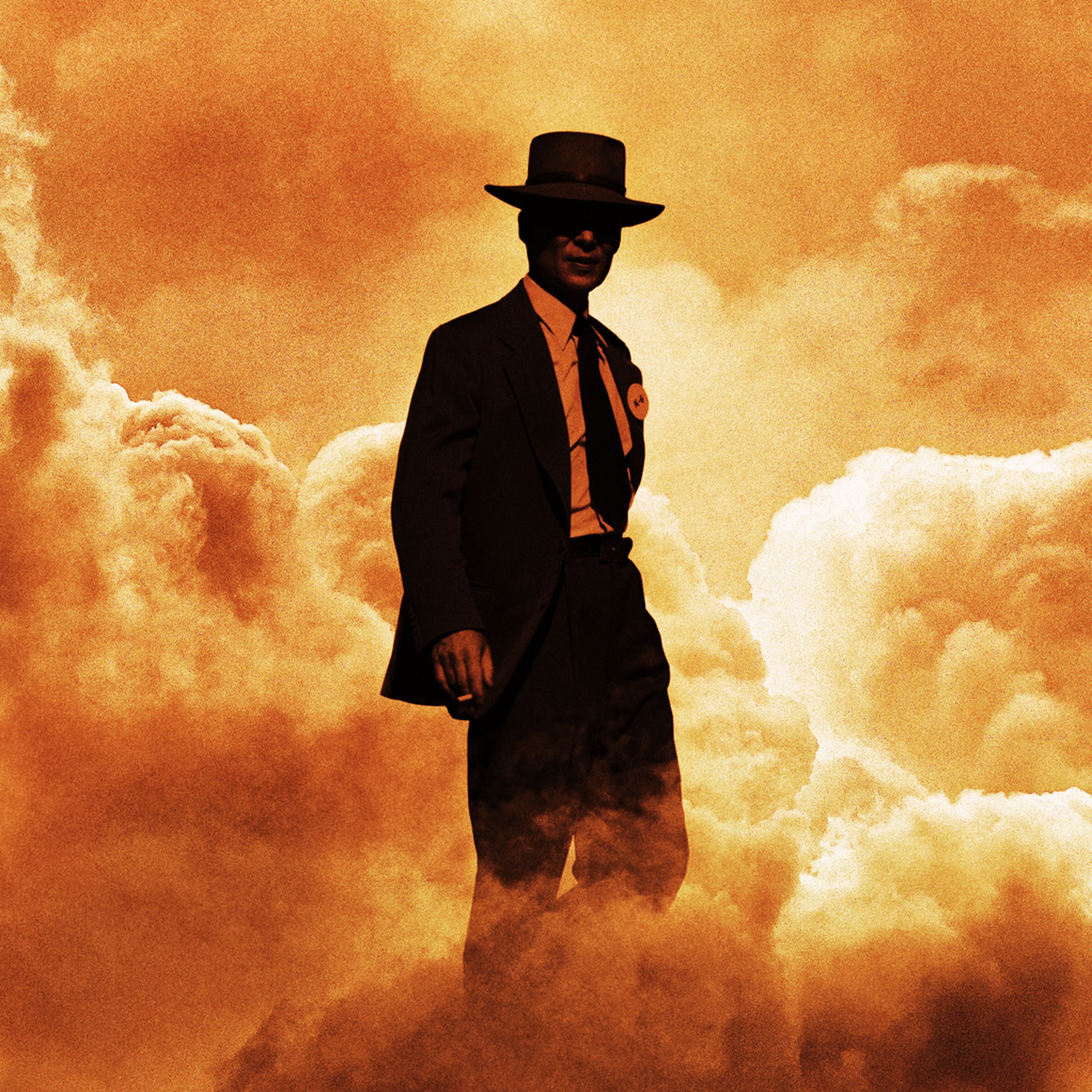 A man wearing a suit and a porkpie hat surrounded in what appears to either be clouds or flames.