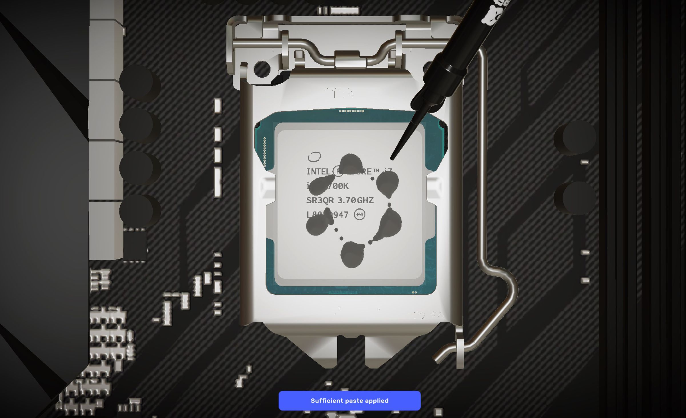A screenshot of PC Building Simulator 2 showing thermal paste being applied