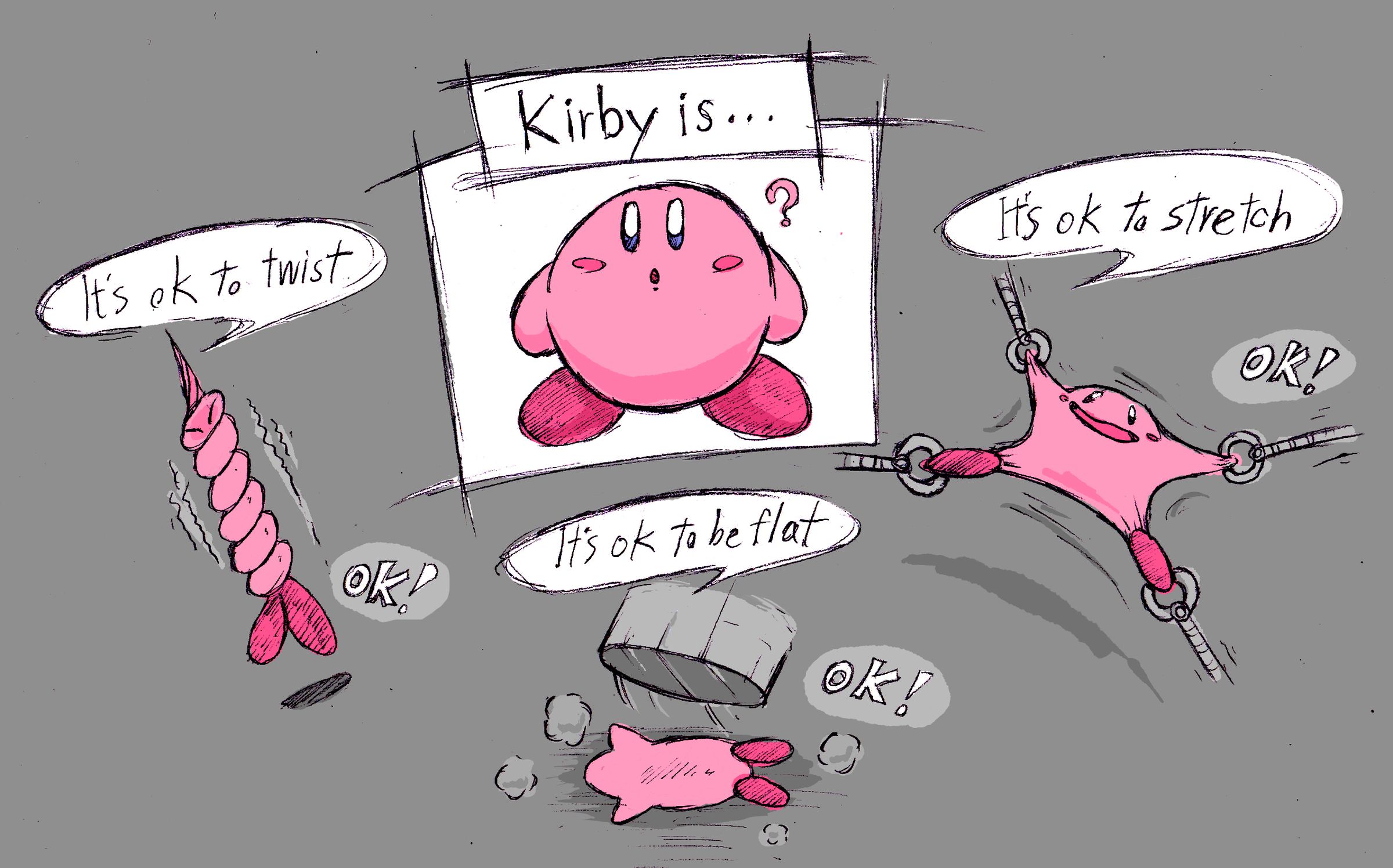 Illustration from “The Many Dimensions of Kirby” presentation at GDC 2023 featuring drawings of Kirby in many different configurations