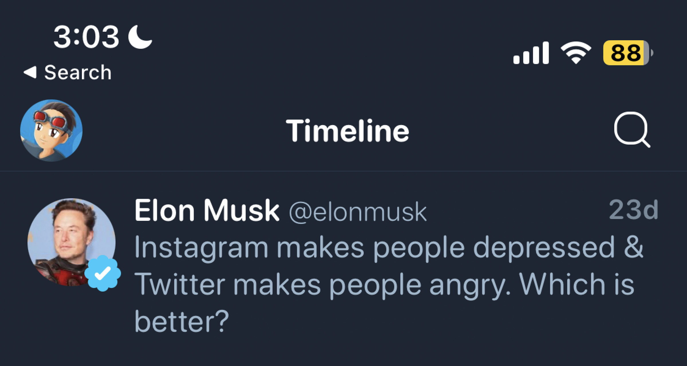 Screenshot of a tweet displayed on Tweetbot. The tweet is from @elonmusk, and reads, “Instagram makes people depressed &amp; Twitter makes people angry. Which is better?”
