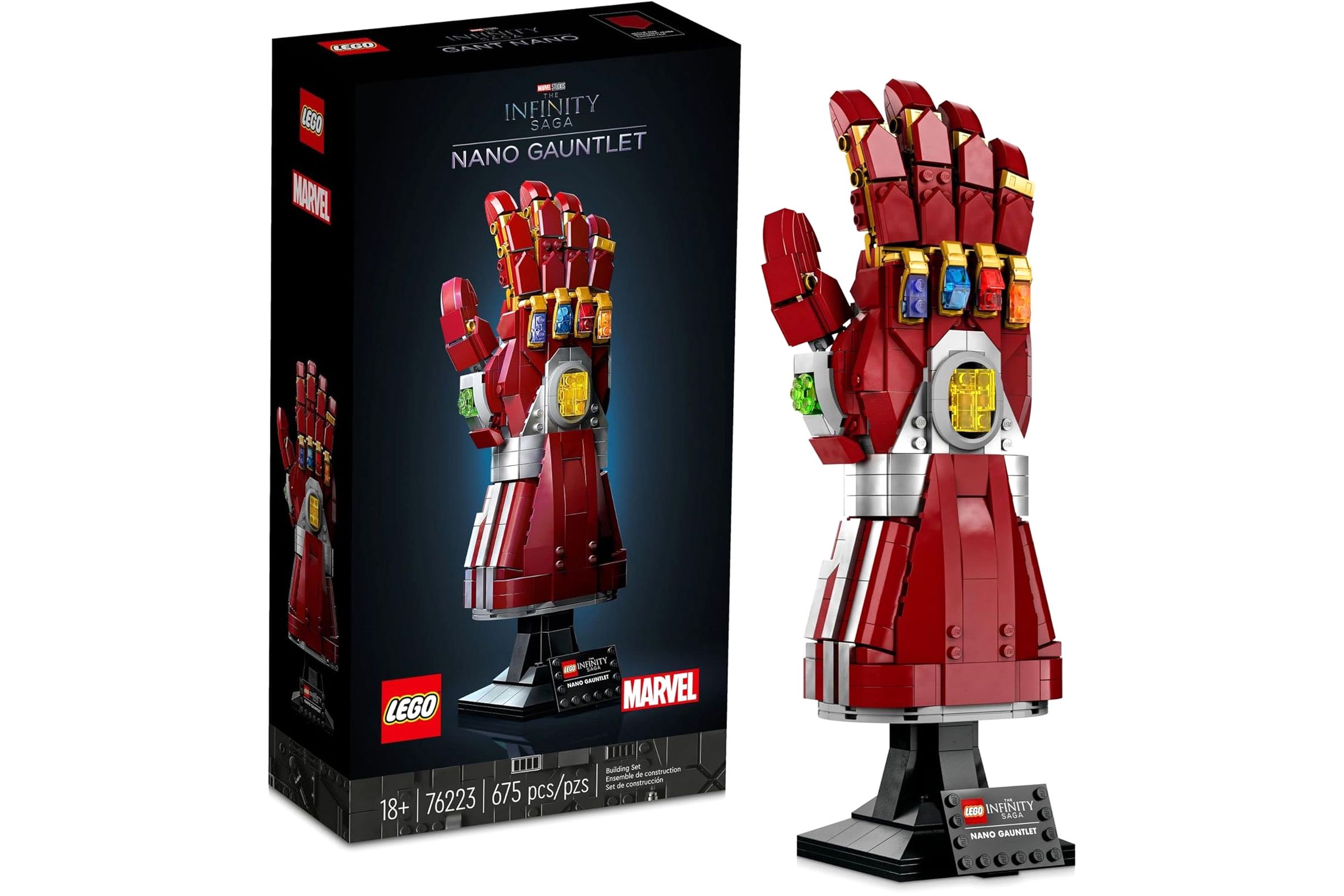 The LEGO Marvel Nano Gauntlet set fully assembled next to its packaging.