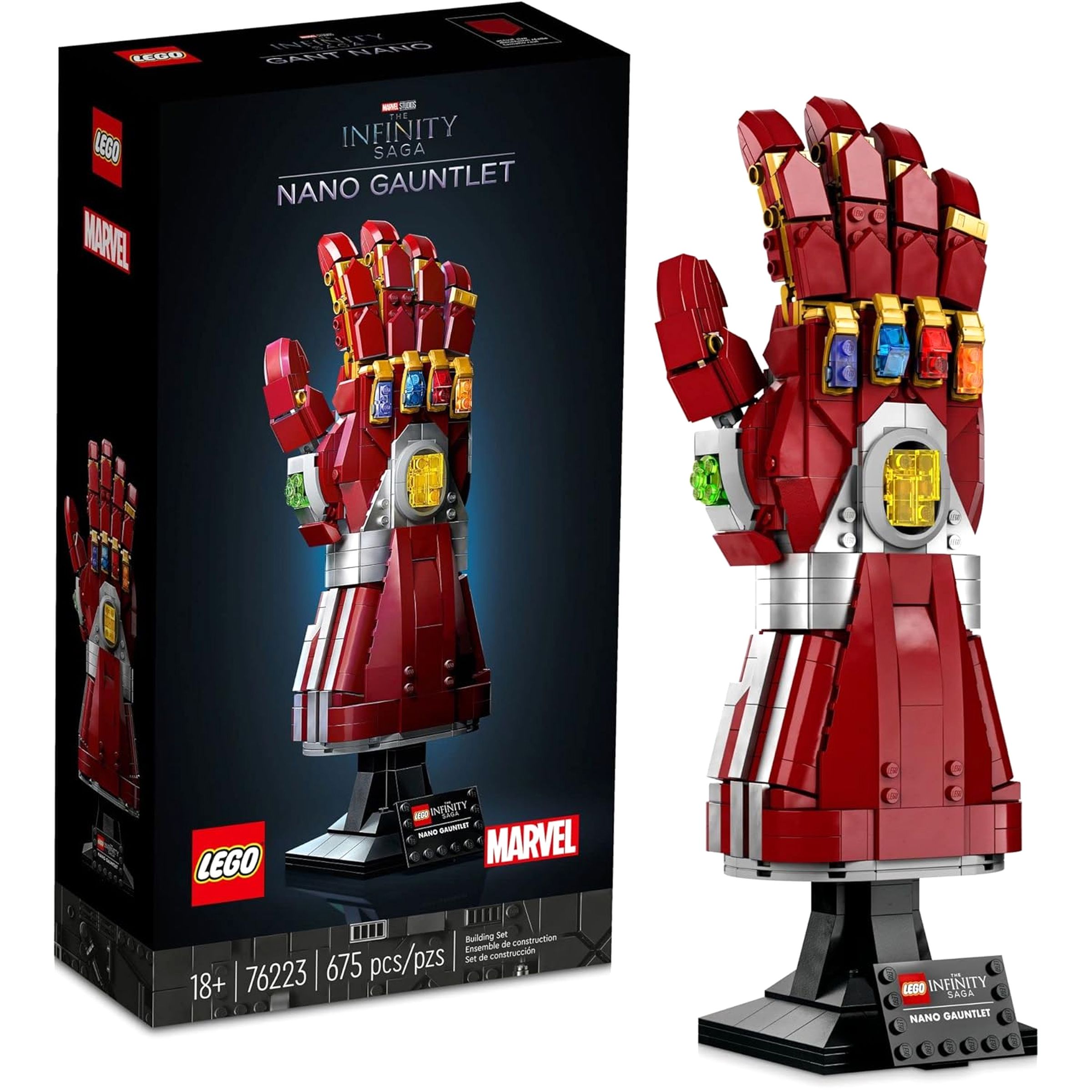 The LEGO Marvel Nano Gauntlet set fully assembled next to its packaging.