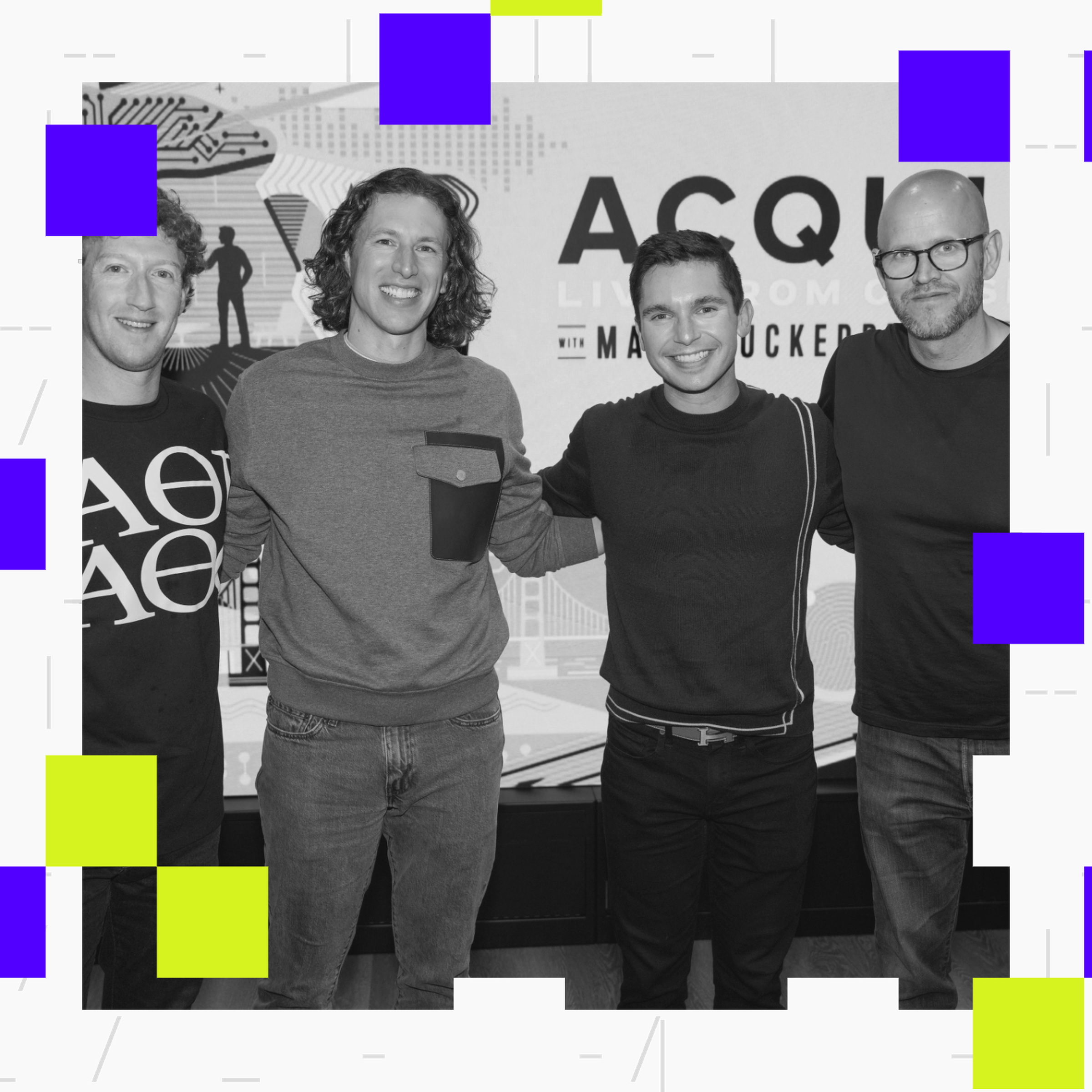 From left to right: Meta CEO Mark Zuckerberg, Acquired co-hosts David Rosenthal and Ben Gilbert, and Spotify CEO Daniel Ek.