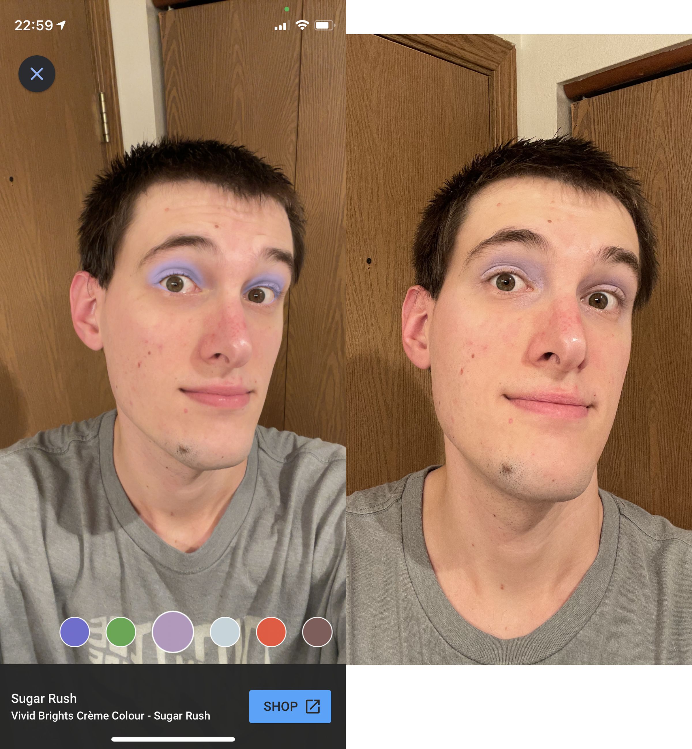 A comparison of the same makeup using Google’s AR preview and the real thing 