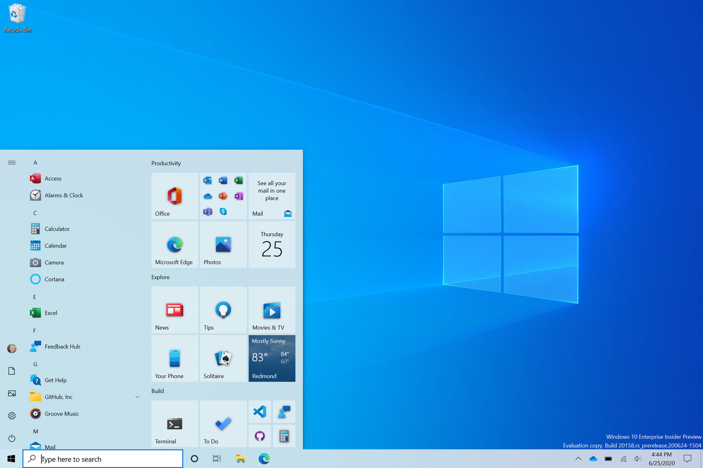 The updated Windows 10 Start menu from 2020.