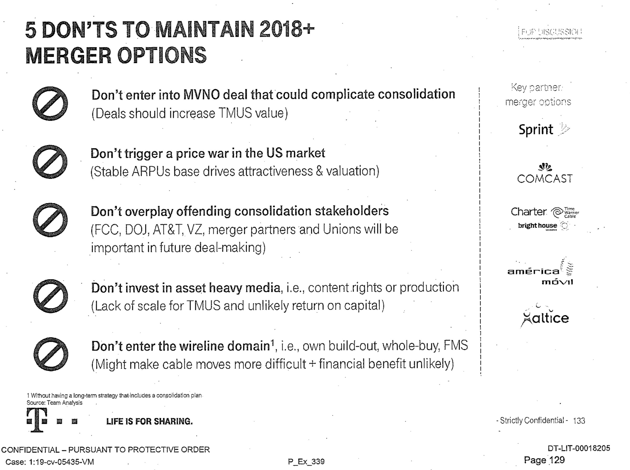 T-Mobile lists “Don’t trigger a price war in the US market” as a key point in maintaining merger options.