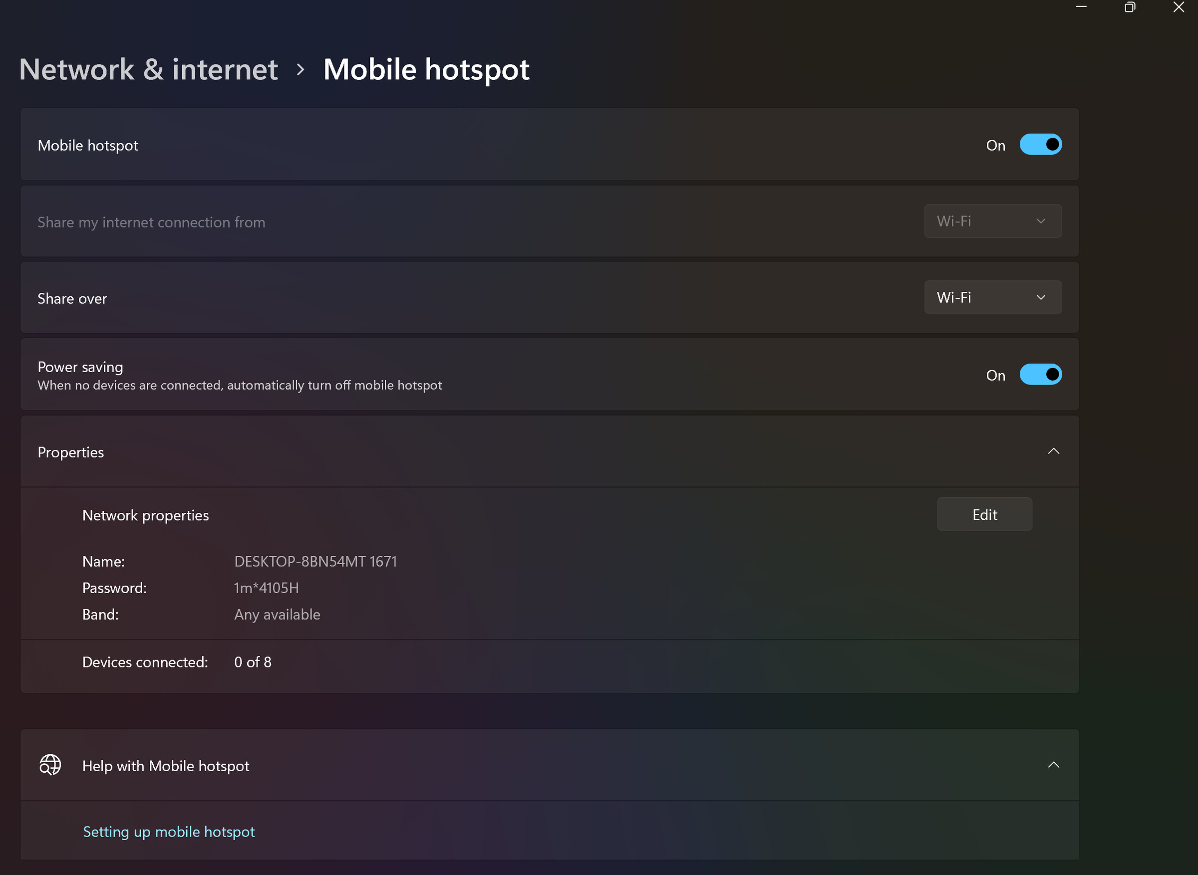 A screenshot of the Mobile Hotspot settings menu with Mobile Hotspot toggled on.