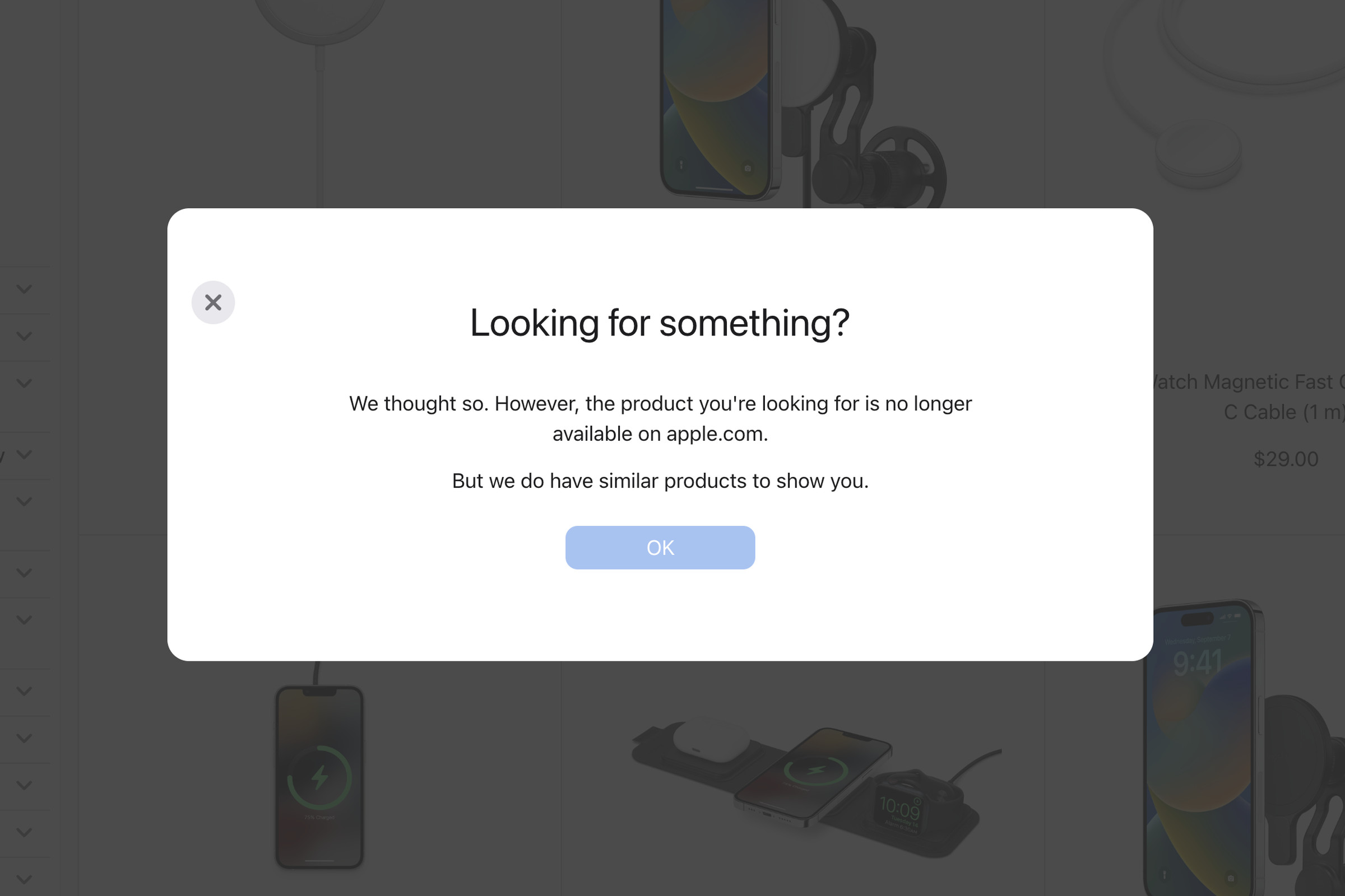 A picture of an error message on the Apple Store site informing you that the item you’re looking for is no longer available.