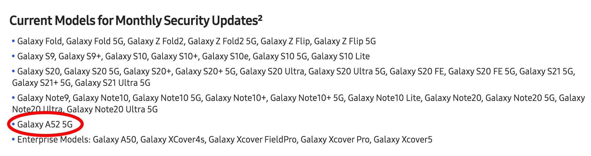 Samsung has listed the unreleased Galaxy A52 5G on a support page.