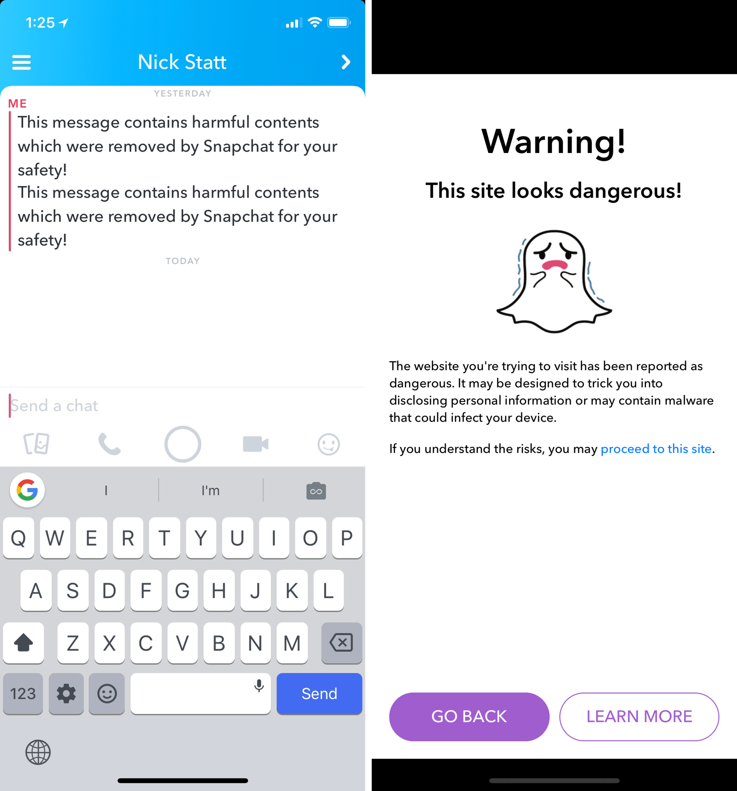 Snapchat now warns you when you attempt to send a link to klkviral and other phishing sites