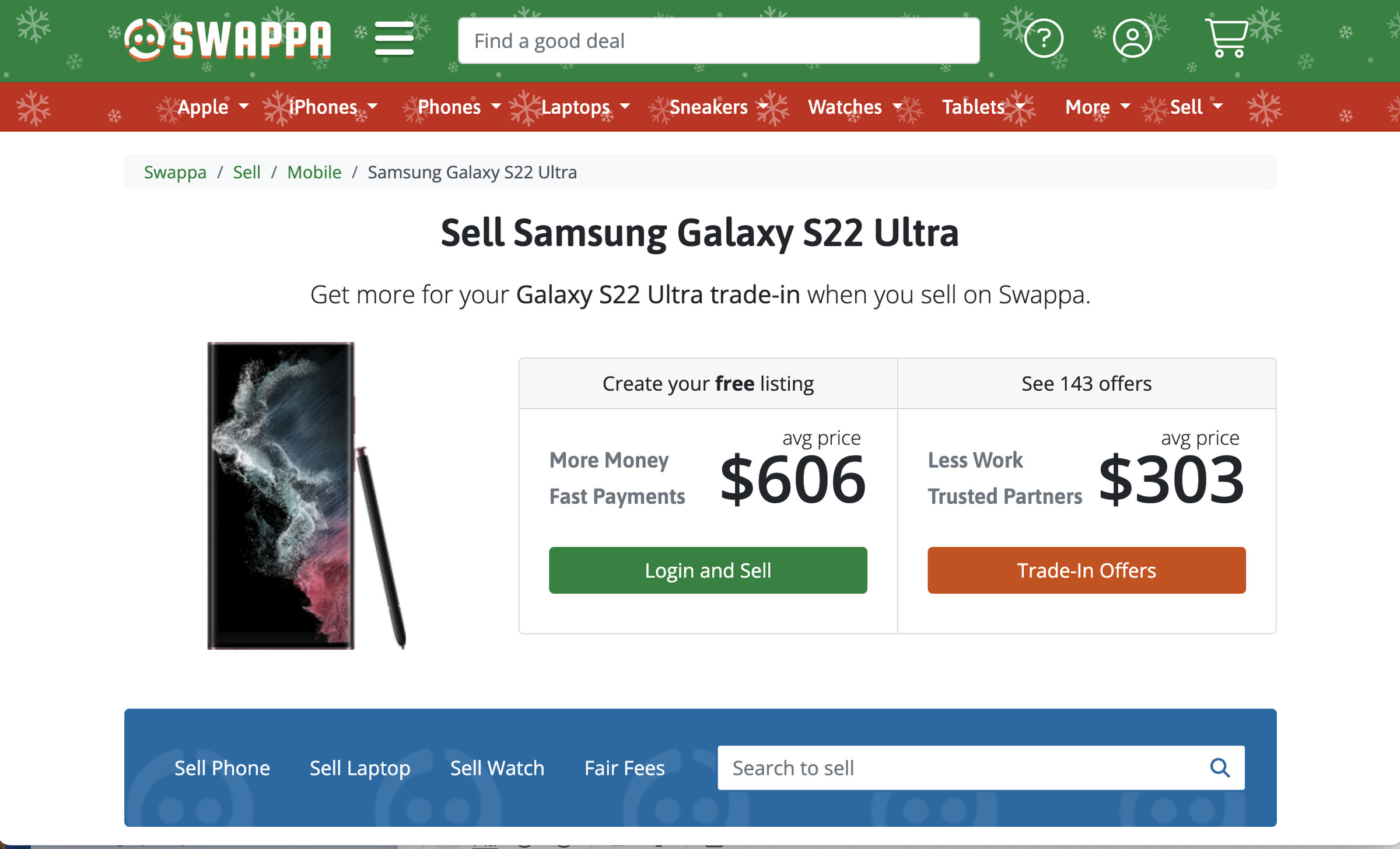 Swappa page headed Sell Samsung Galaxy S22 Ultra with a photo of the phone on the left and two boxes, one showing a price of $606 and the other showing a price of $303.