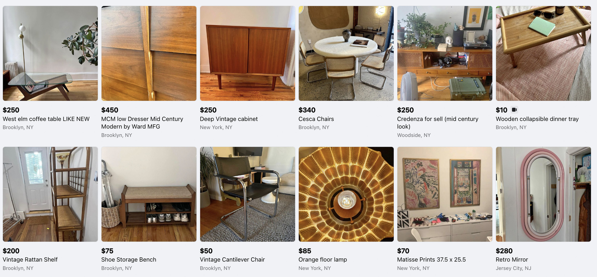 Facebook Marketplace page with two rows of photos of furniture.