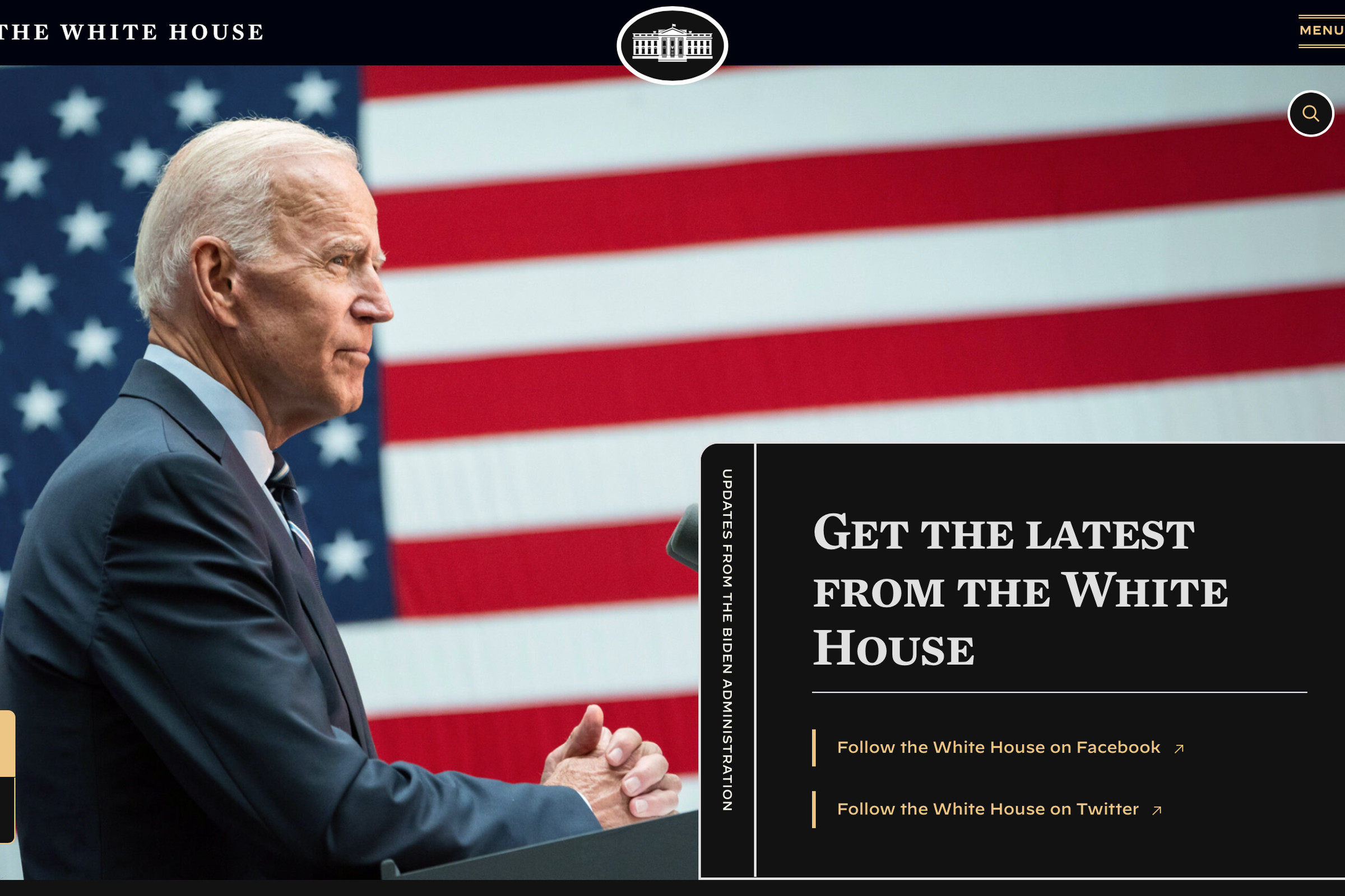 Screenshot of the White House website, showing the dark, high contrast mode activated.