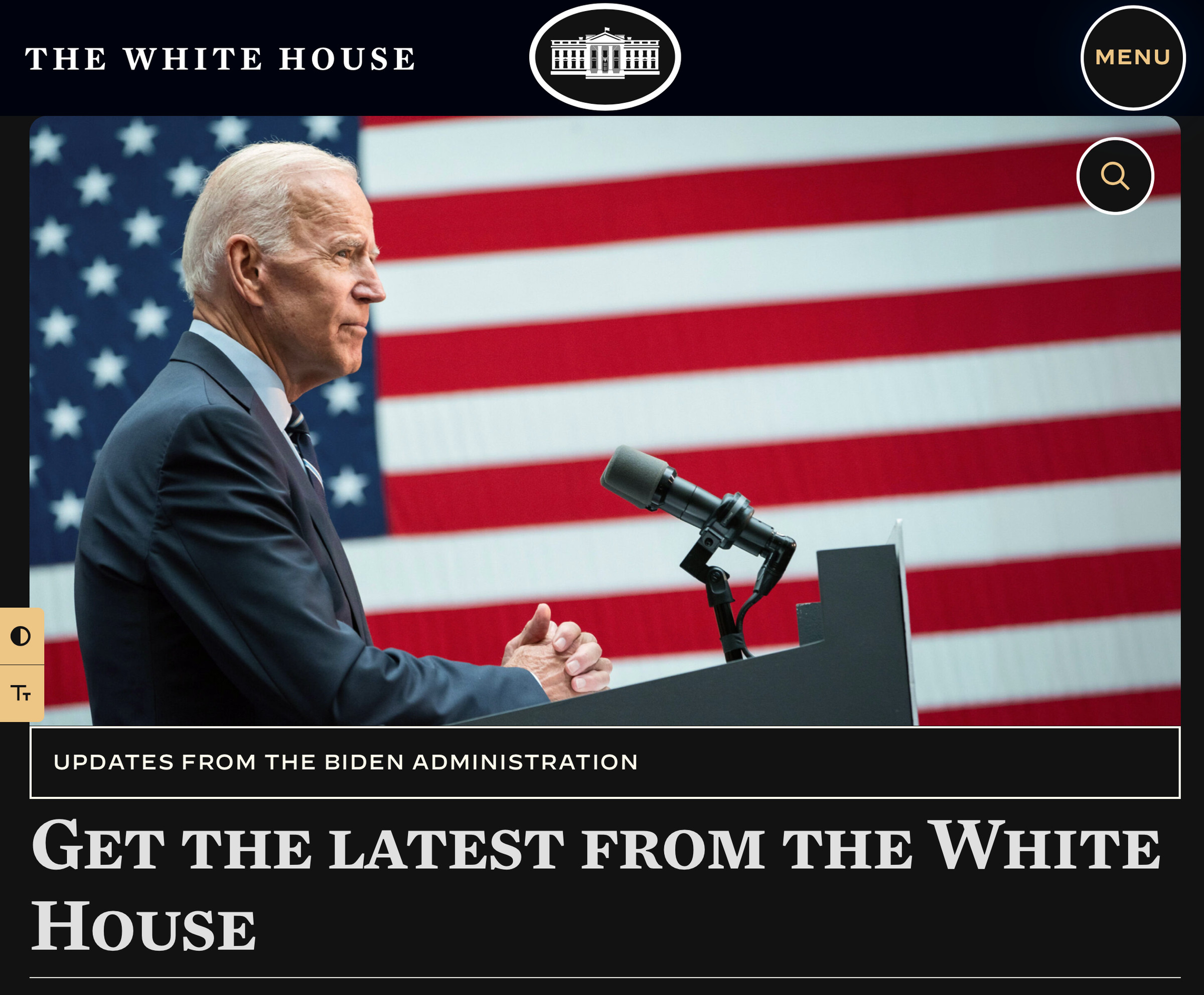 The White House site showing with a dark background, large buttons and text