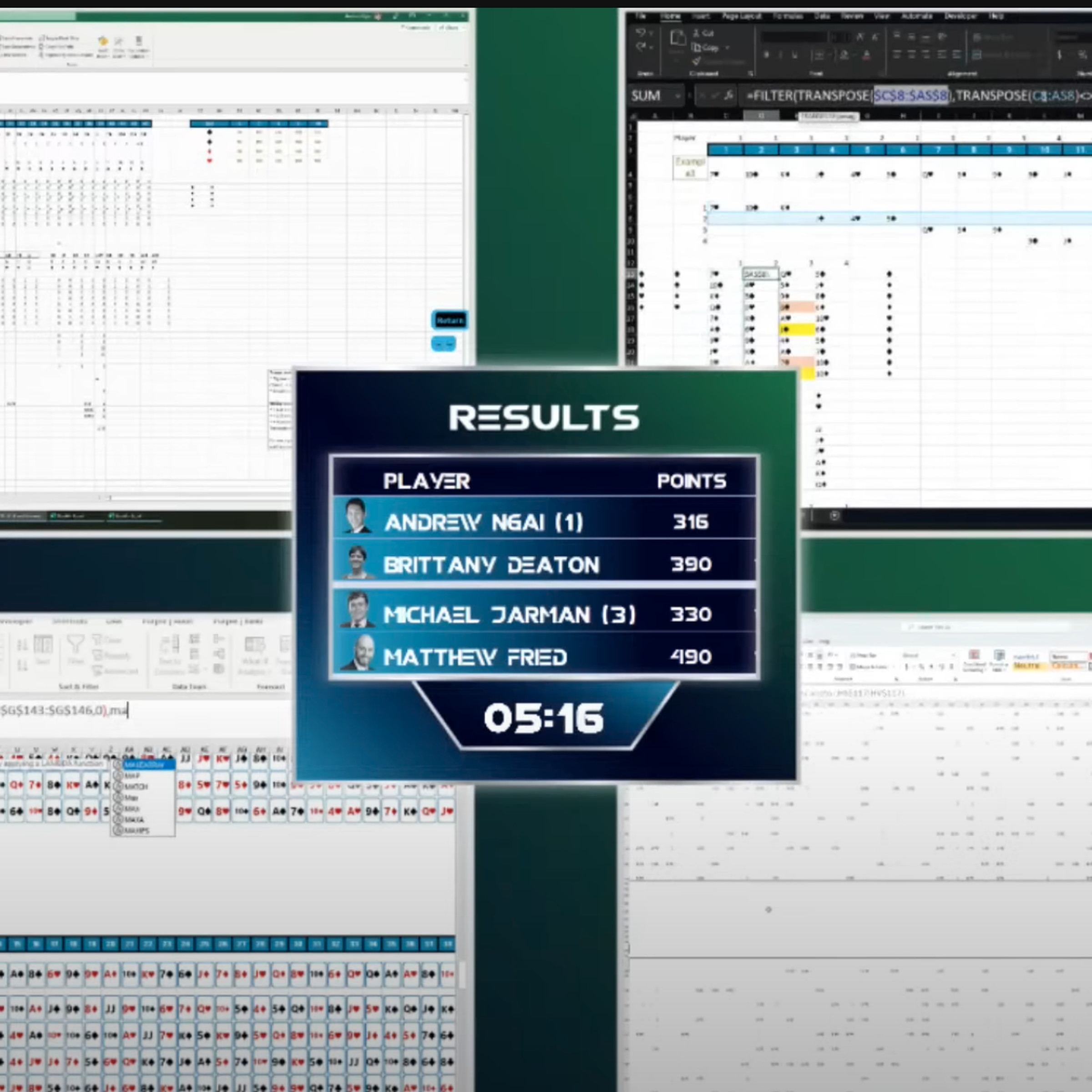 A screenshot of four players competing in an Excel challenge.