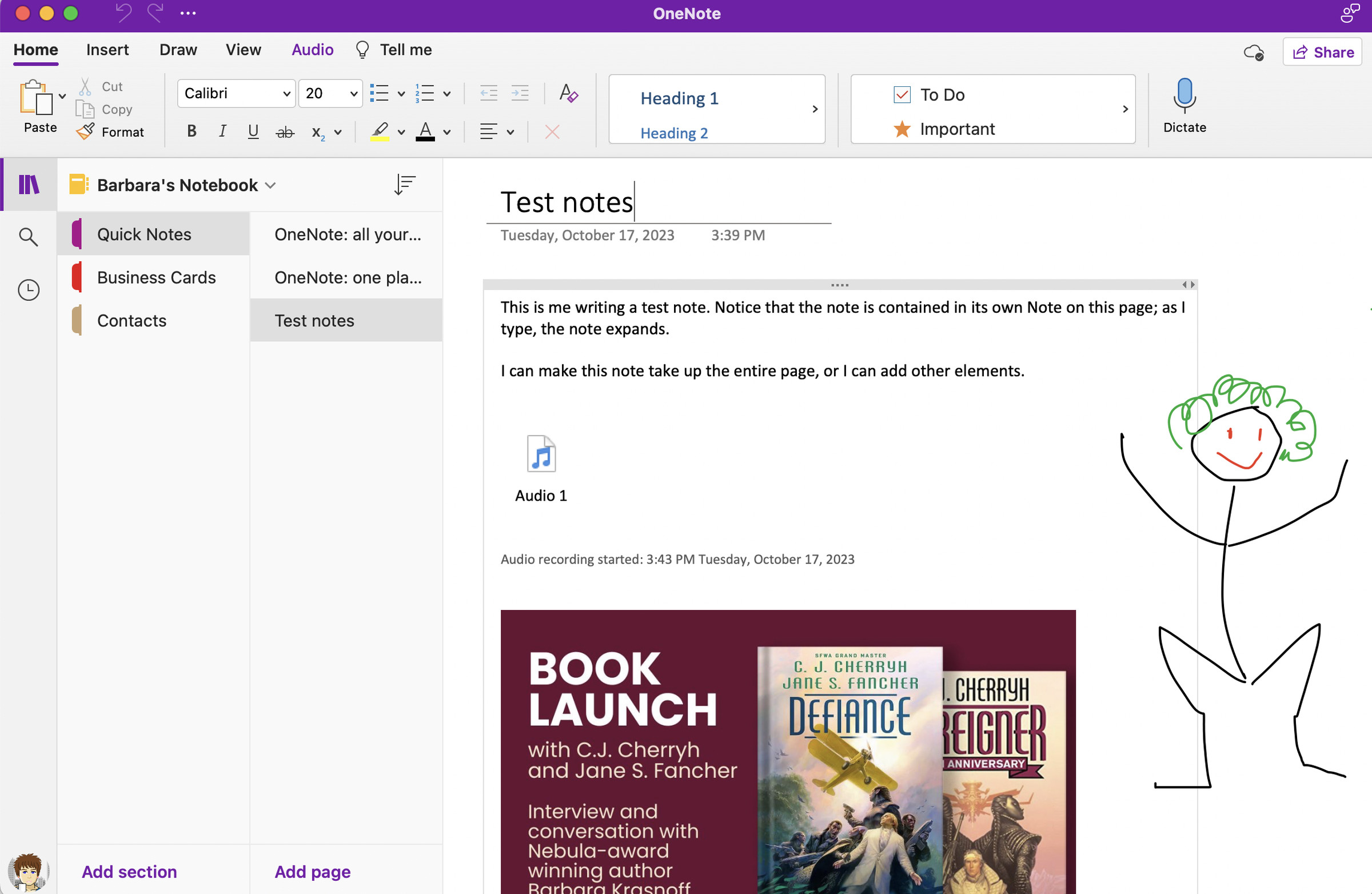 OneNote page with a menu on top, a column headed Barbara’s Notebook on the left, and a page with writing, a screenshot, and a line drawing headed Test notes.