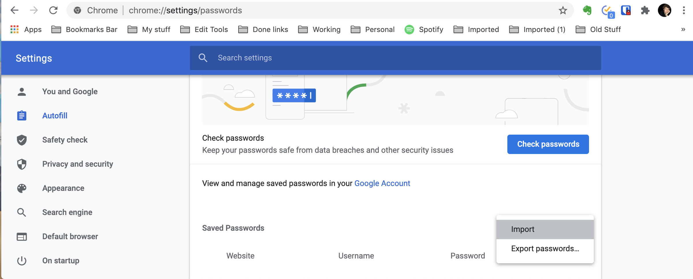 Chrome should now have an Import selection under Saved Passwords