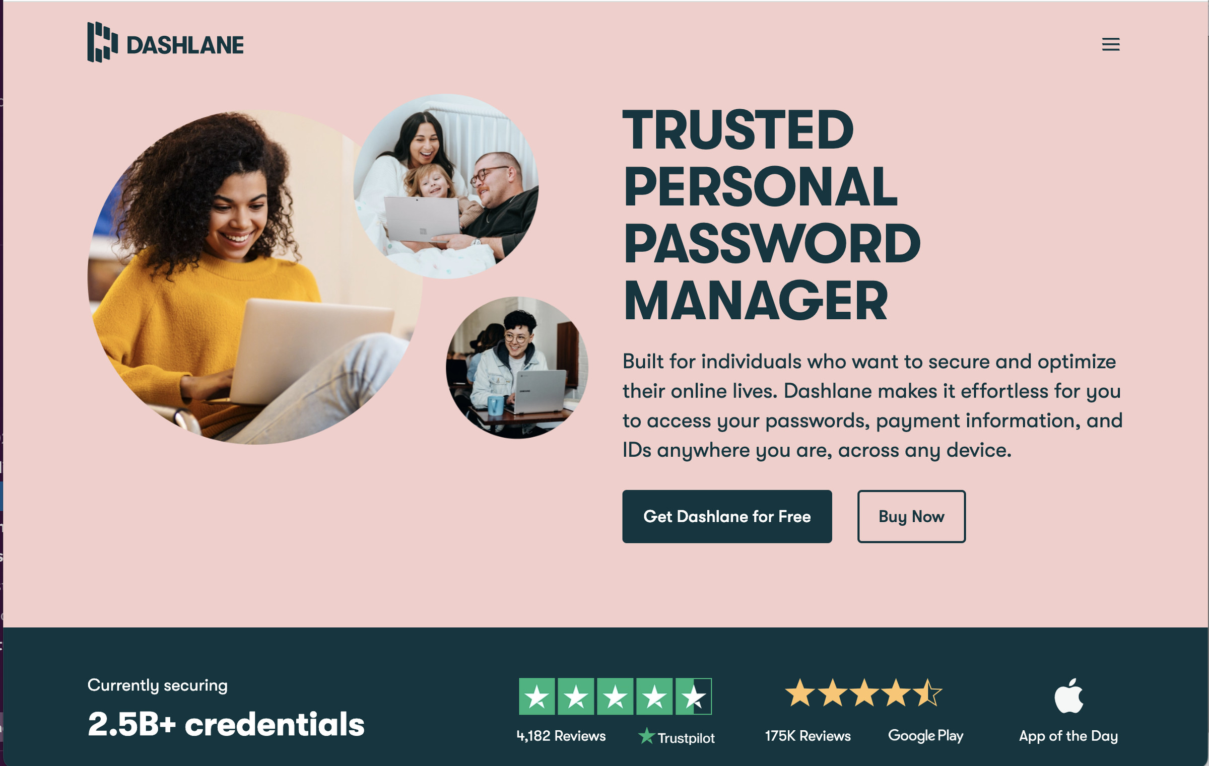 Web page for Dashlane password manager with the words “Trusted Personal Password Manager,” three photos of happy users, and buttons for information and to buy now.