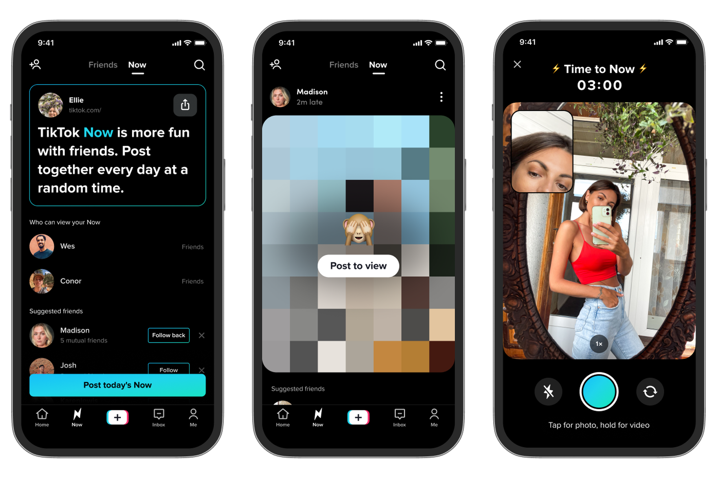 TikTok screens of its new feature show notifications to post and dual camera pictures shared by friends.