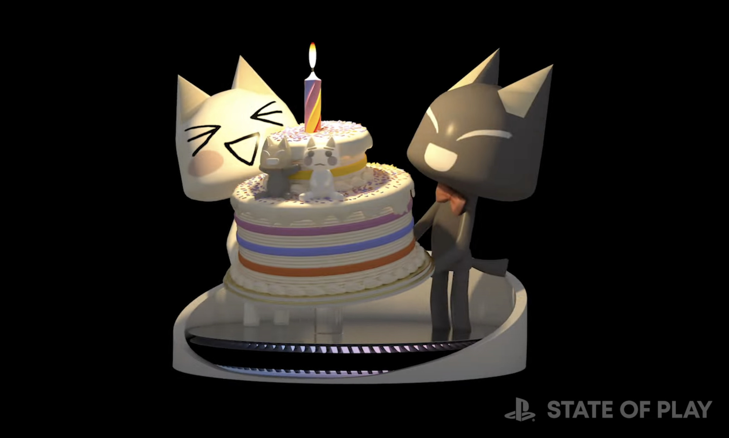 Image of a digital statue of two cats, holding a birthday cake together.