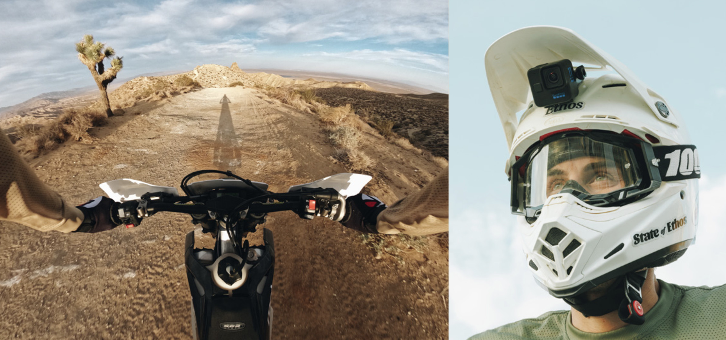 An image on the left shows dirt bike handle bars in a desert scene. An image on the right shows someone wearing a full-face helmet, with a GoPro Mini mounted beneath the visor.