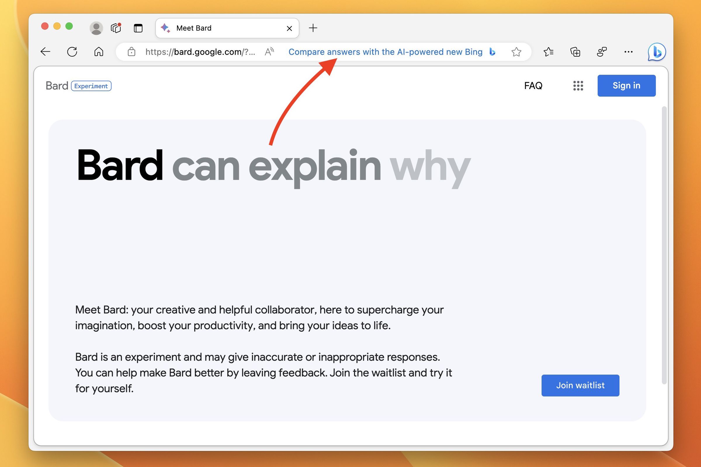Window of Microsoft Edge developer on macOS with a red arrow pointing to the Bing AI advertisement while on Google’s Bard site.