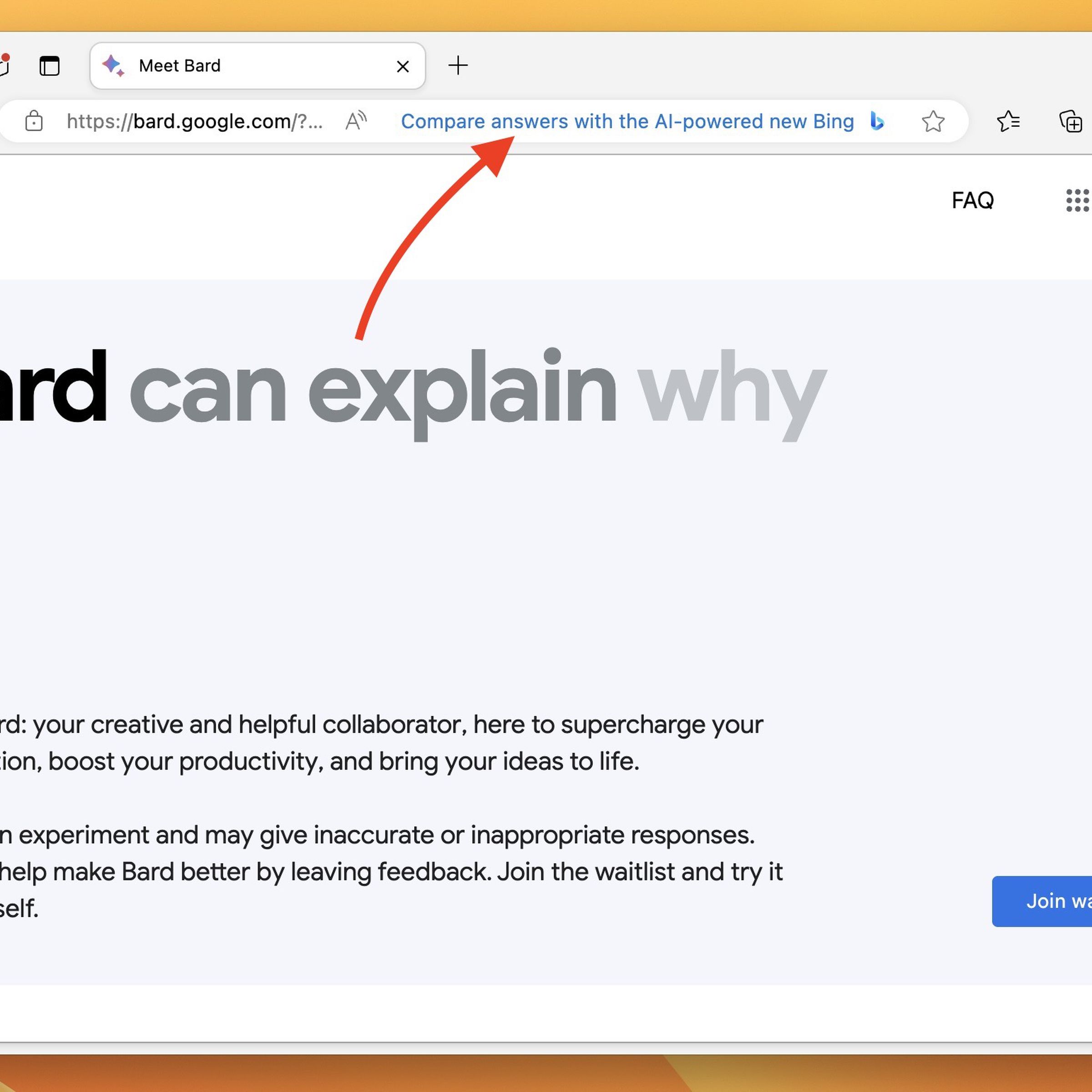 Window of Microsoft Edge developer on macOS with a red arrow pointing to the Bing AI advertisement while on Google’s Bard site.