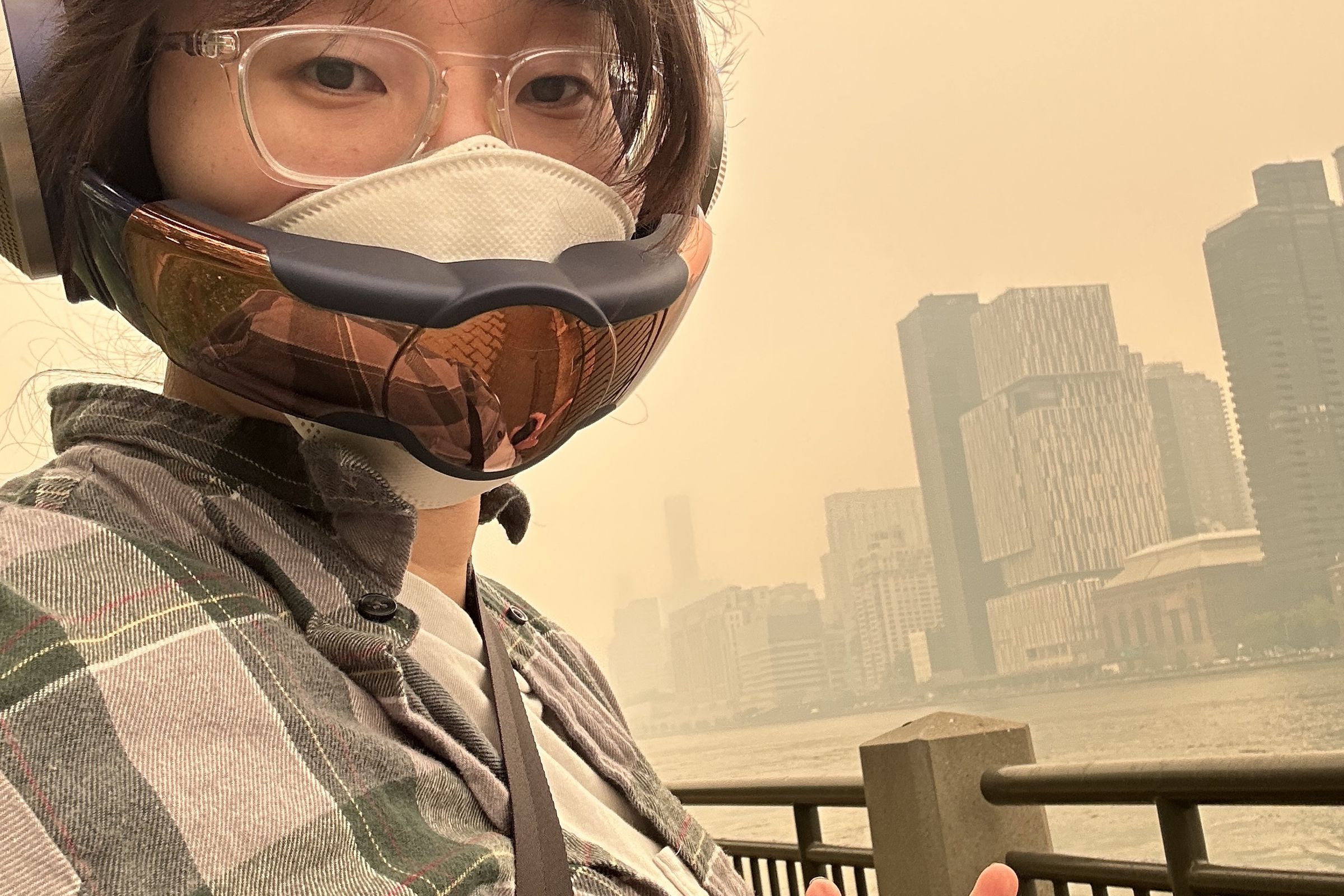 Woman wearing Dyson Zone during terrible wildfire smoke in New York City on June 7th