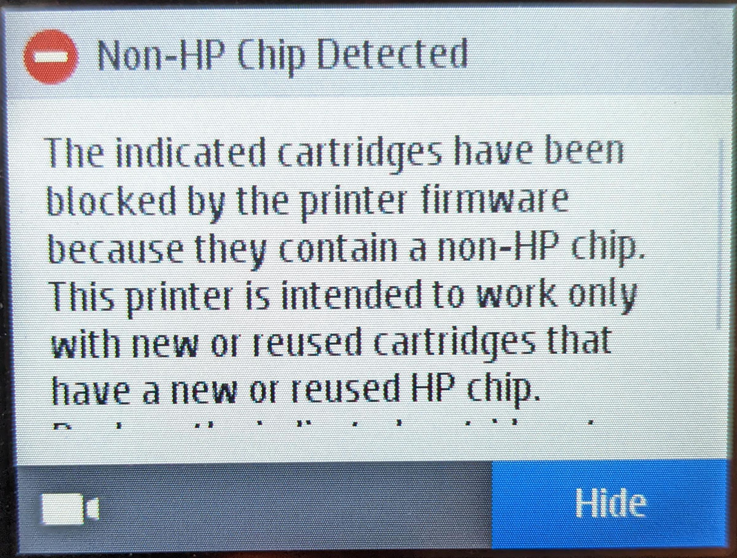 Some HP printers won’t print at all when third-party ink cartridges are installed.