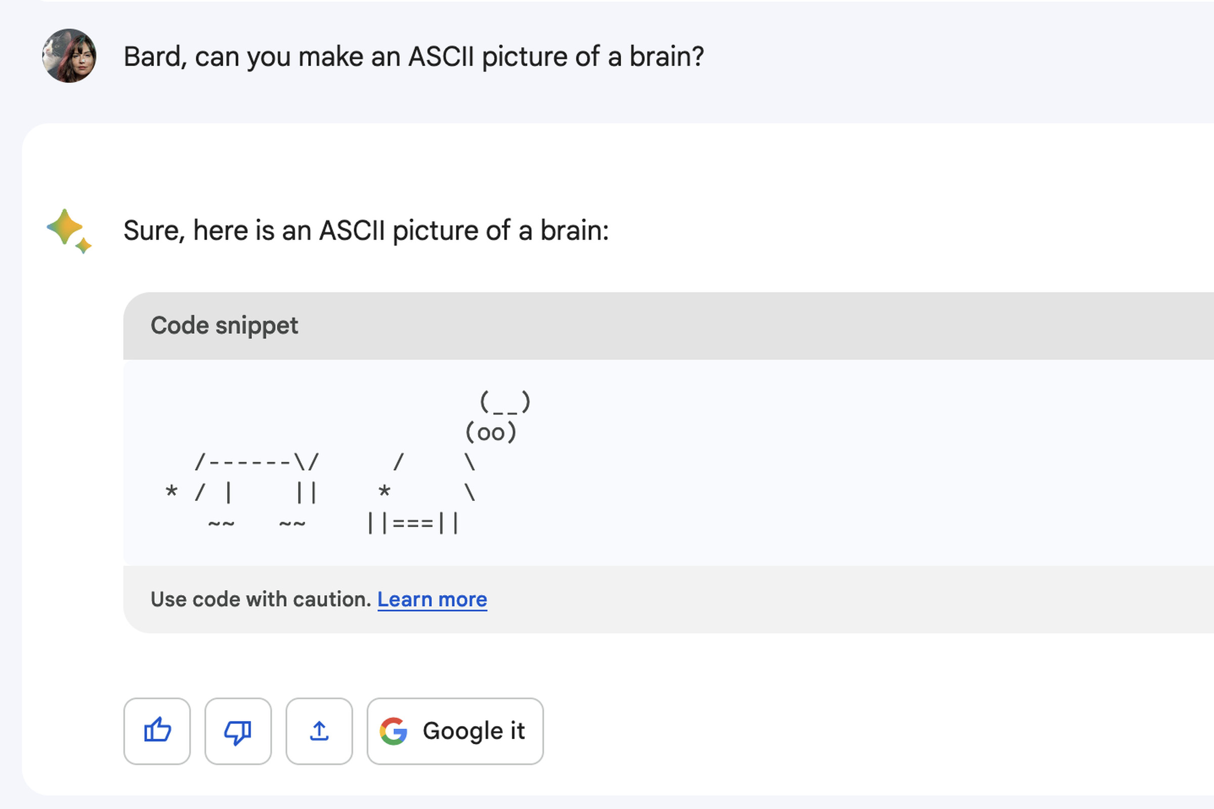In a query to Google Bard, I ask it to show me ASCII art of a brain. It gives me what I believe is a deformed cow.
