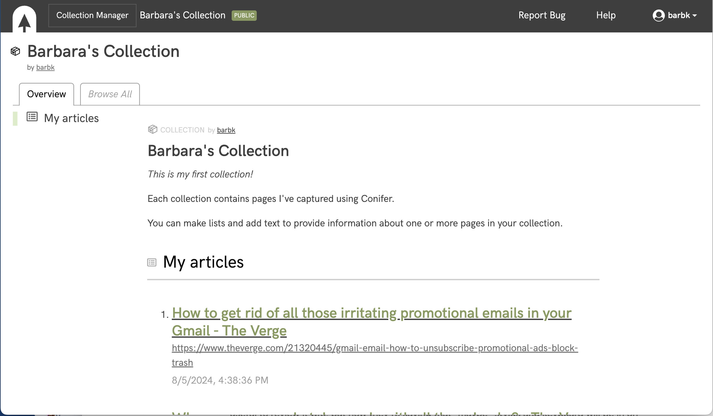 Conifer page of Barbara’s Collection, with some explanatory text and a link to an article.