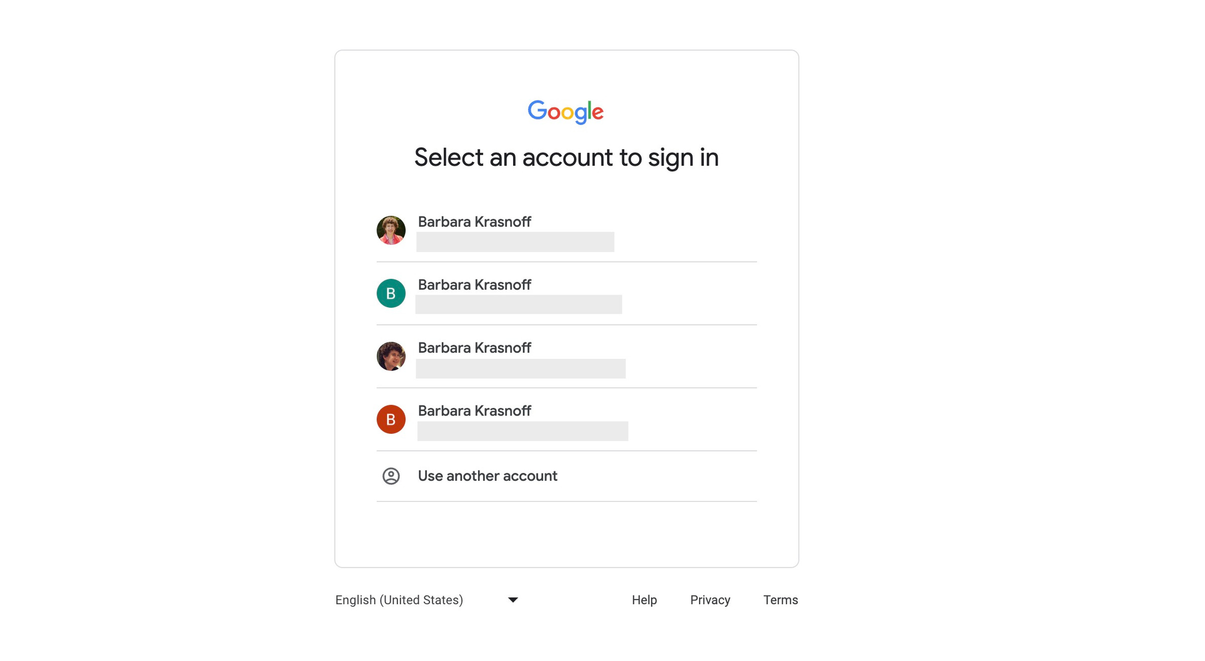 Google page headed “Select an account to sign in” with a list of four accounts for Barbara Krasnoff, the email addressed grayed out.