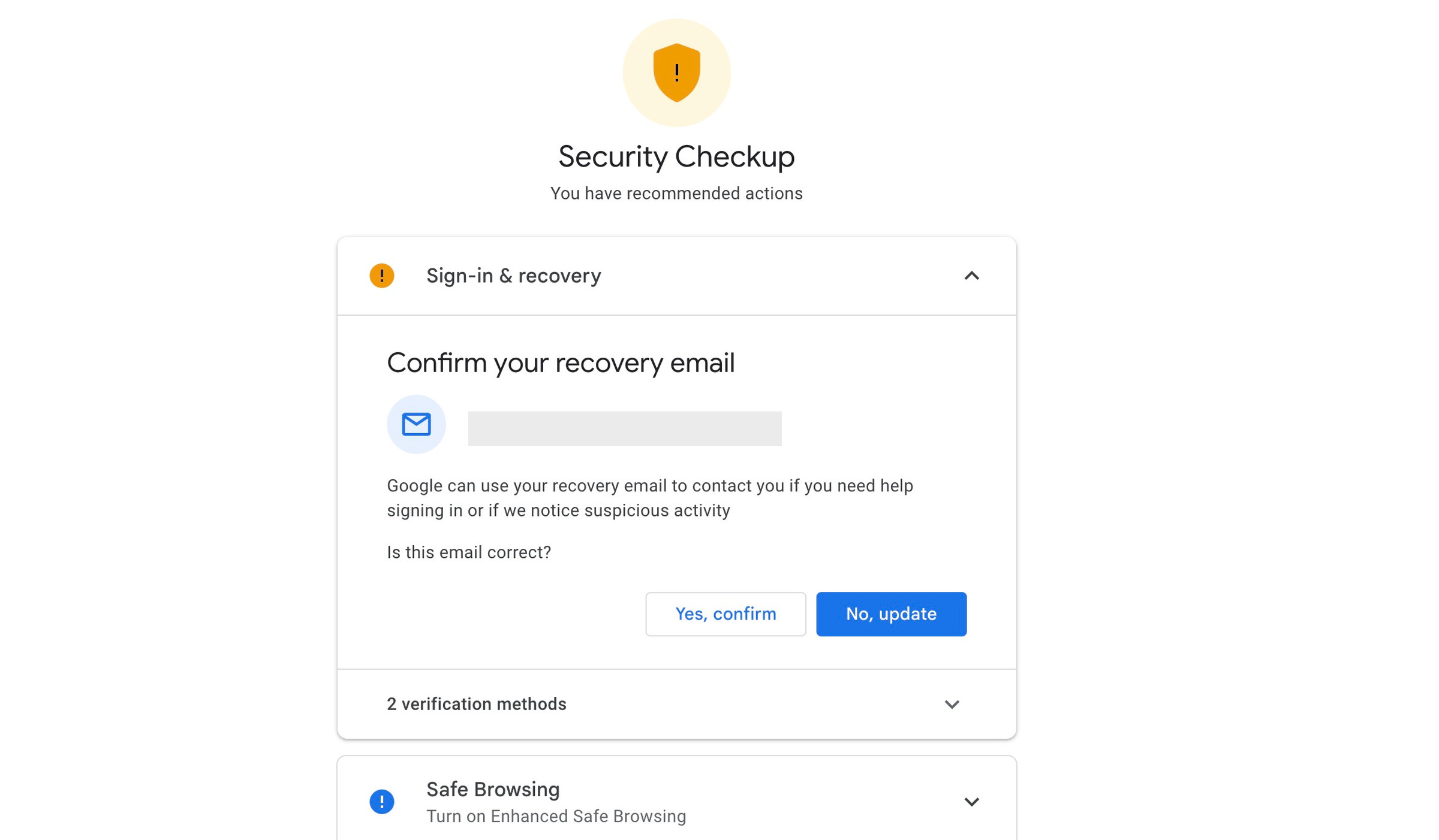 Security checkup page with a box asking you to confirm your recovery email.