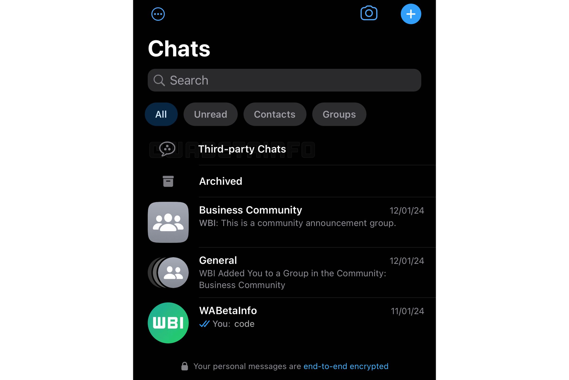A screenshot of WhatsApp’s iOS app showing “Third-party chats” in a menu.