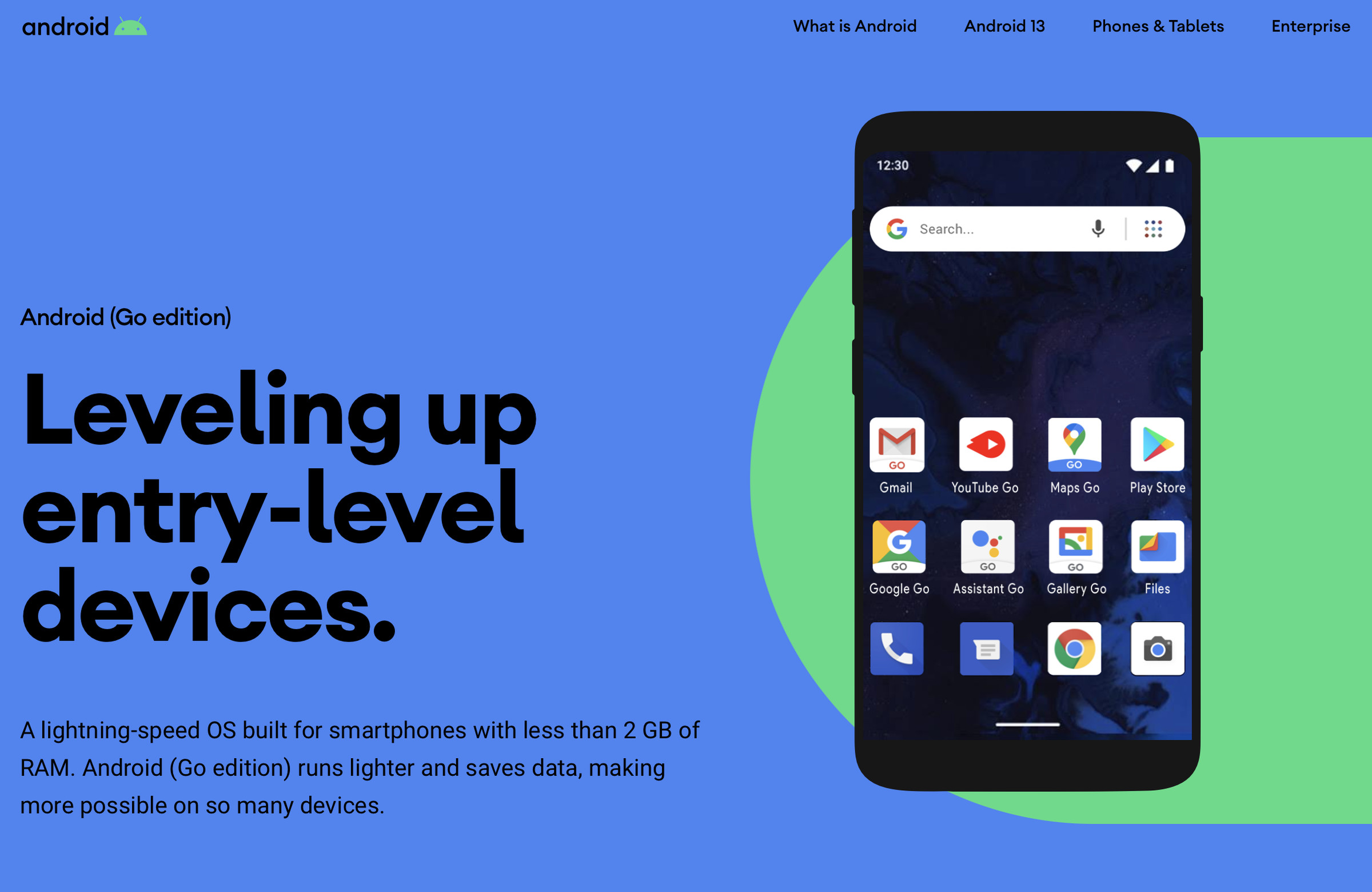 Screenshot of the Android Go edition webpage, which reads: “Leveling up entry-level devices. A lightning-speed OS built for smartphones with less than 2GB of RAM. Android Go edition runs lighter and saves data, making more possible on so many devices.