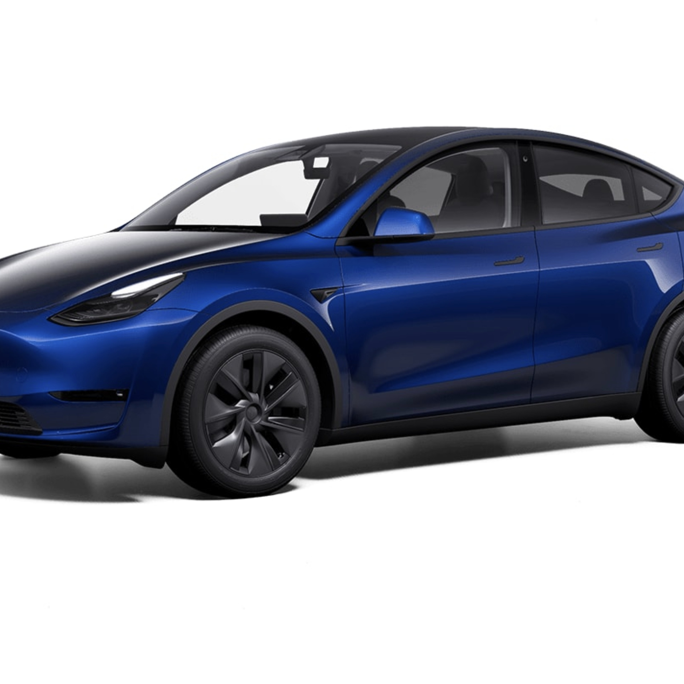 The new Model Y in blue, in a near-three-quarter view.