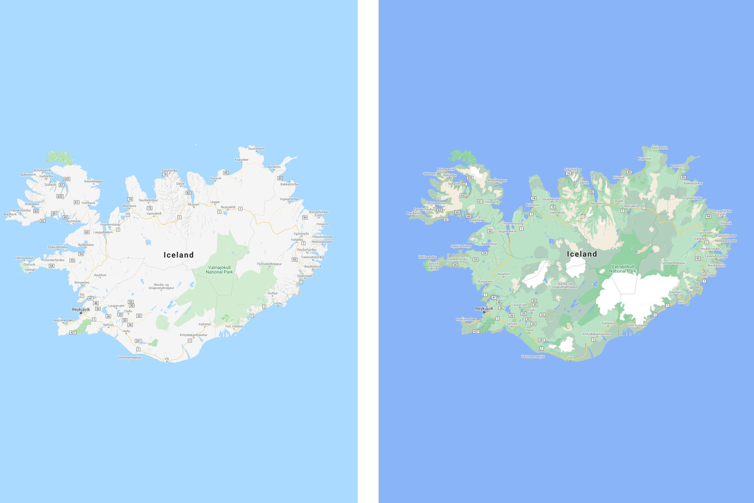 The new map design (right) does a better job at distinguishing between Iceland’s ice caps and greenery.