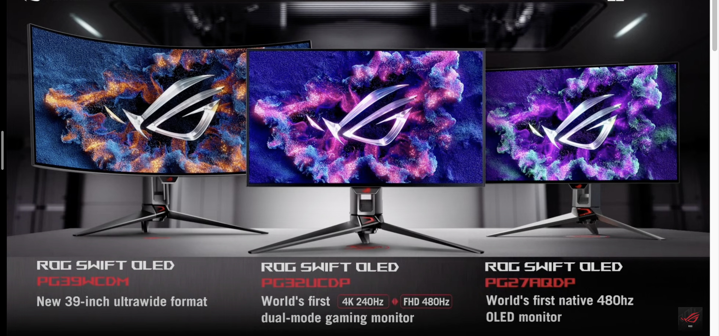 Three Asus monitors with refresh rates up to 480Hz.
