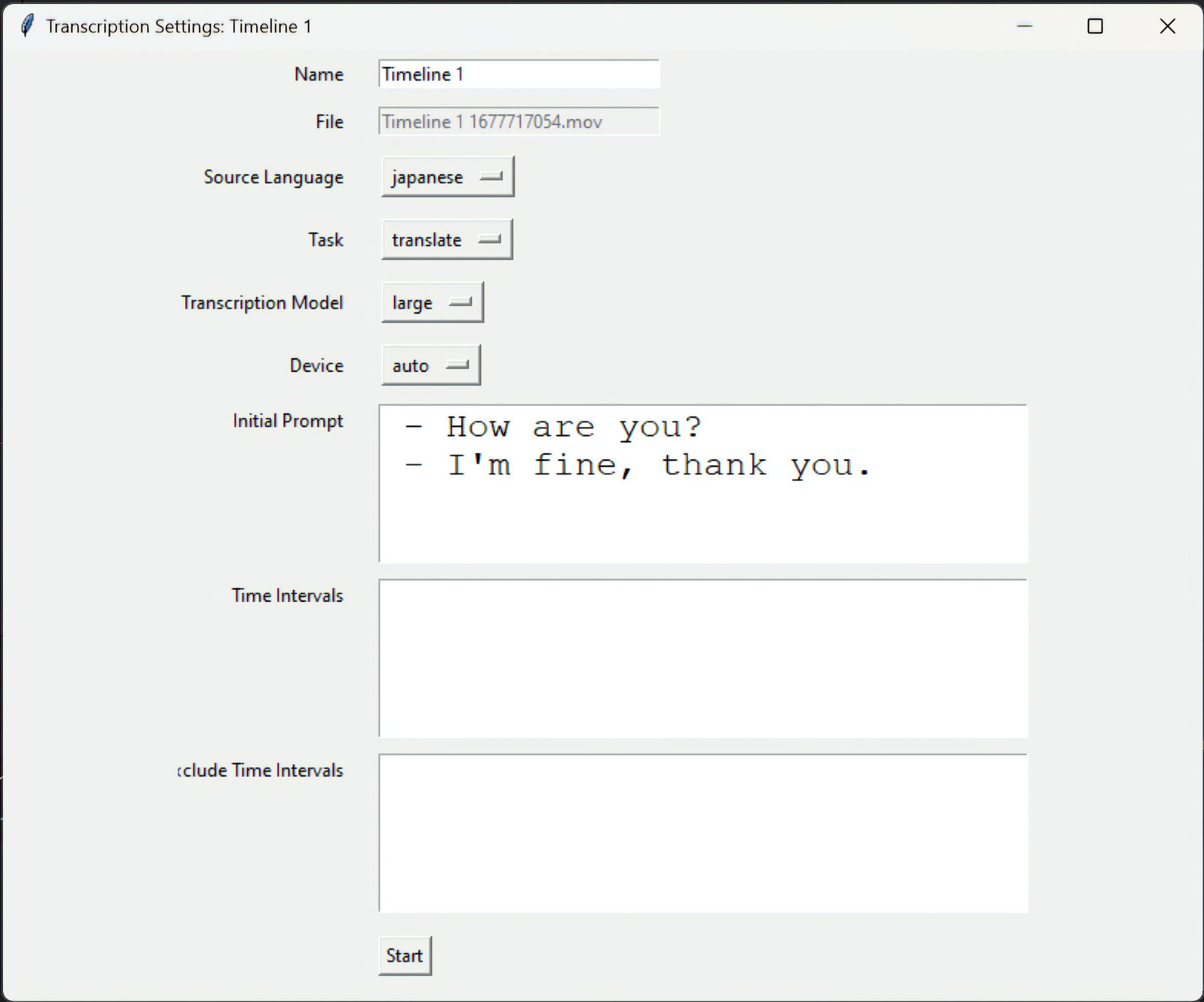 A picture of the transcription settings in StoryToolKitAI