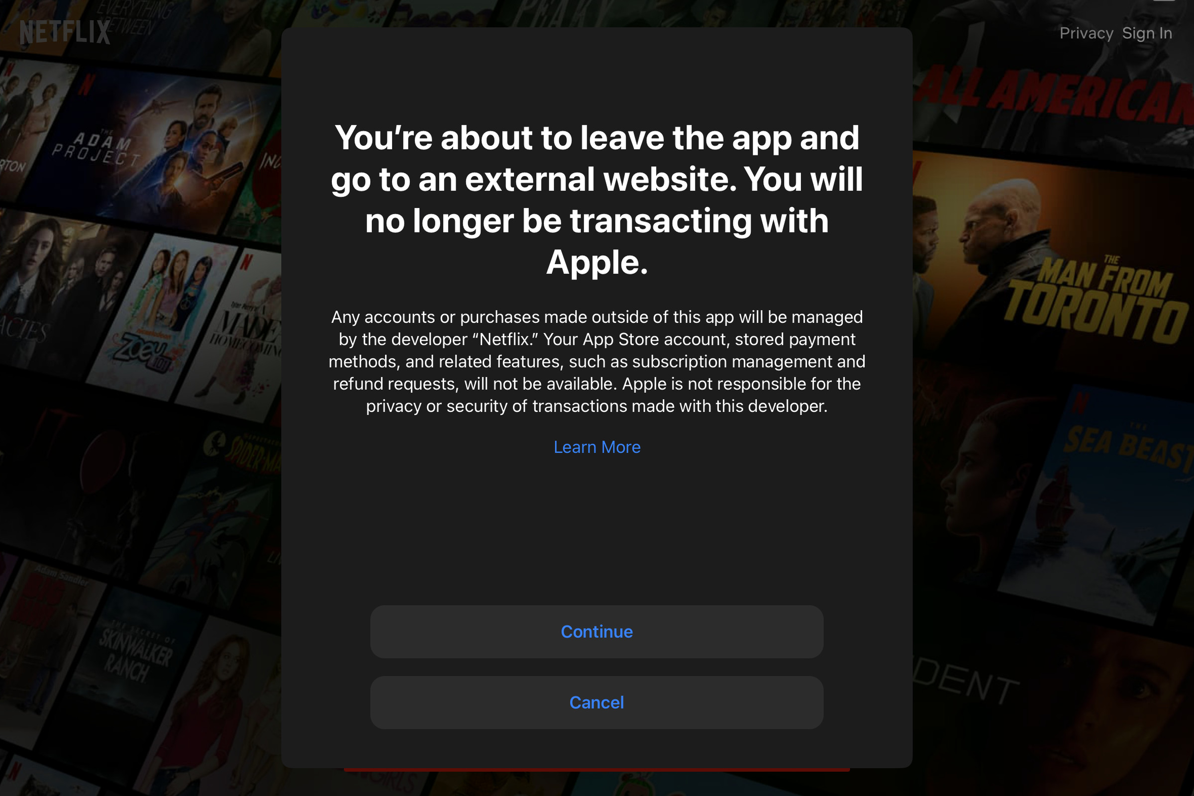 Here’s what you’ll see when trying to sign up for Netflix on the iPhone or iPad app.