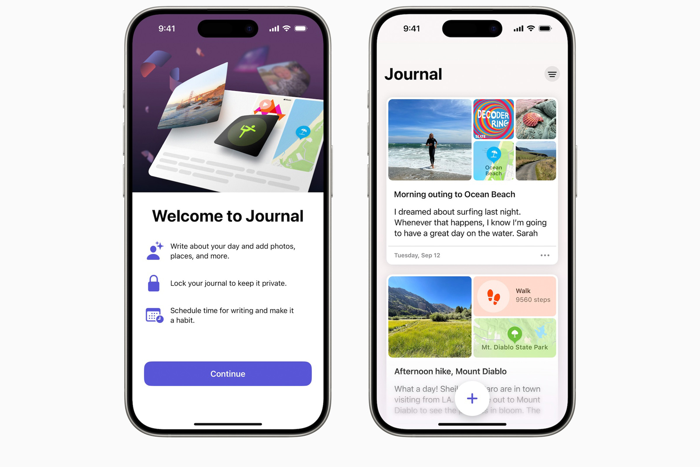 A picture of the Journal app on two iPhones.