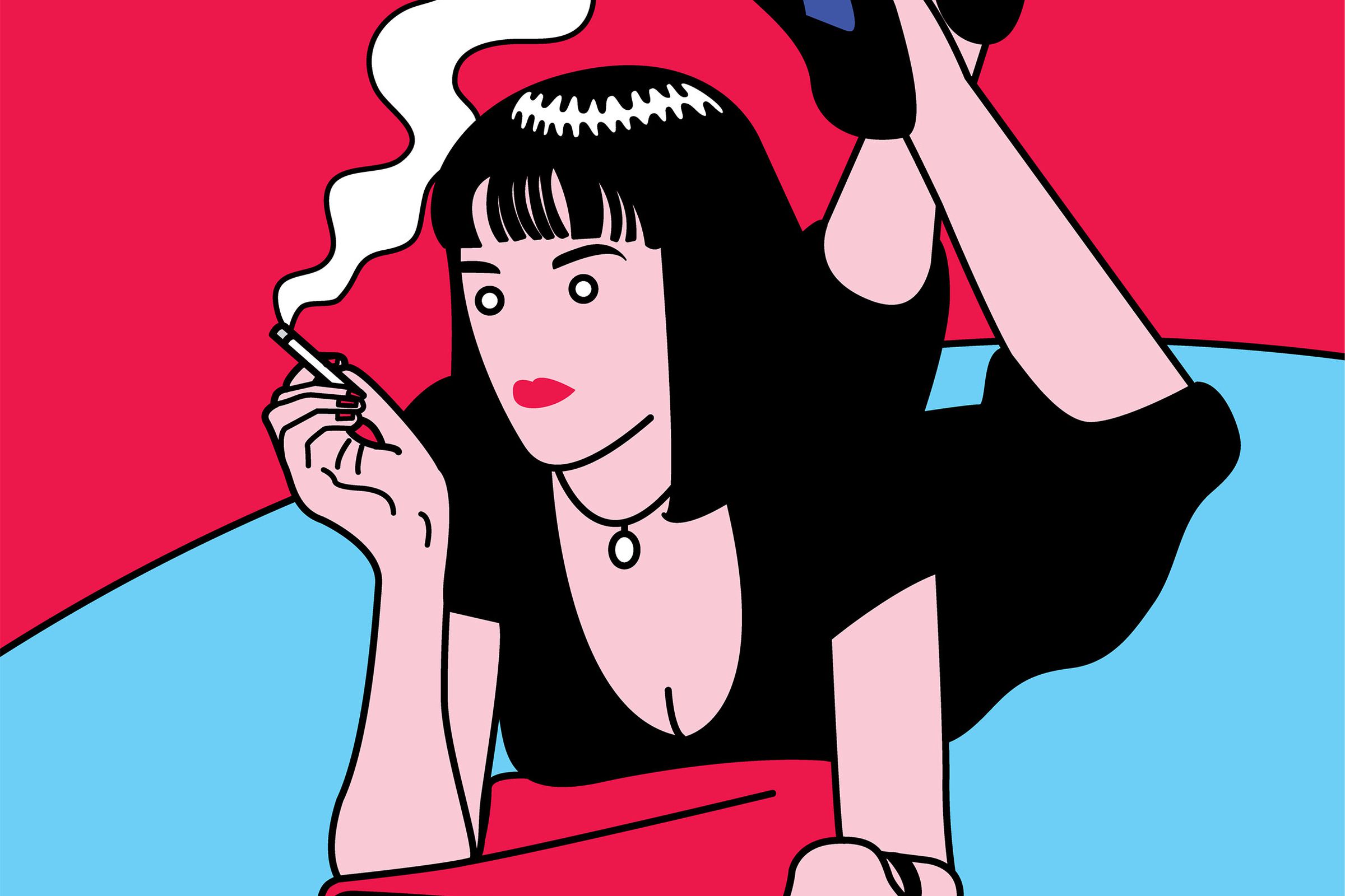 A cartoon drawing based on Uma Thurman in Pulp Fiction. She is laying on her stomach with her legs crossed behind her as she smokes a cigarette.