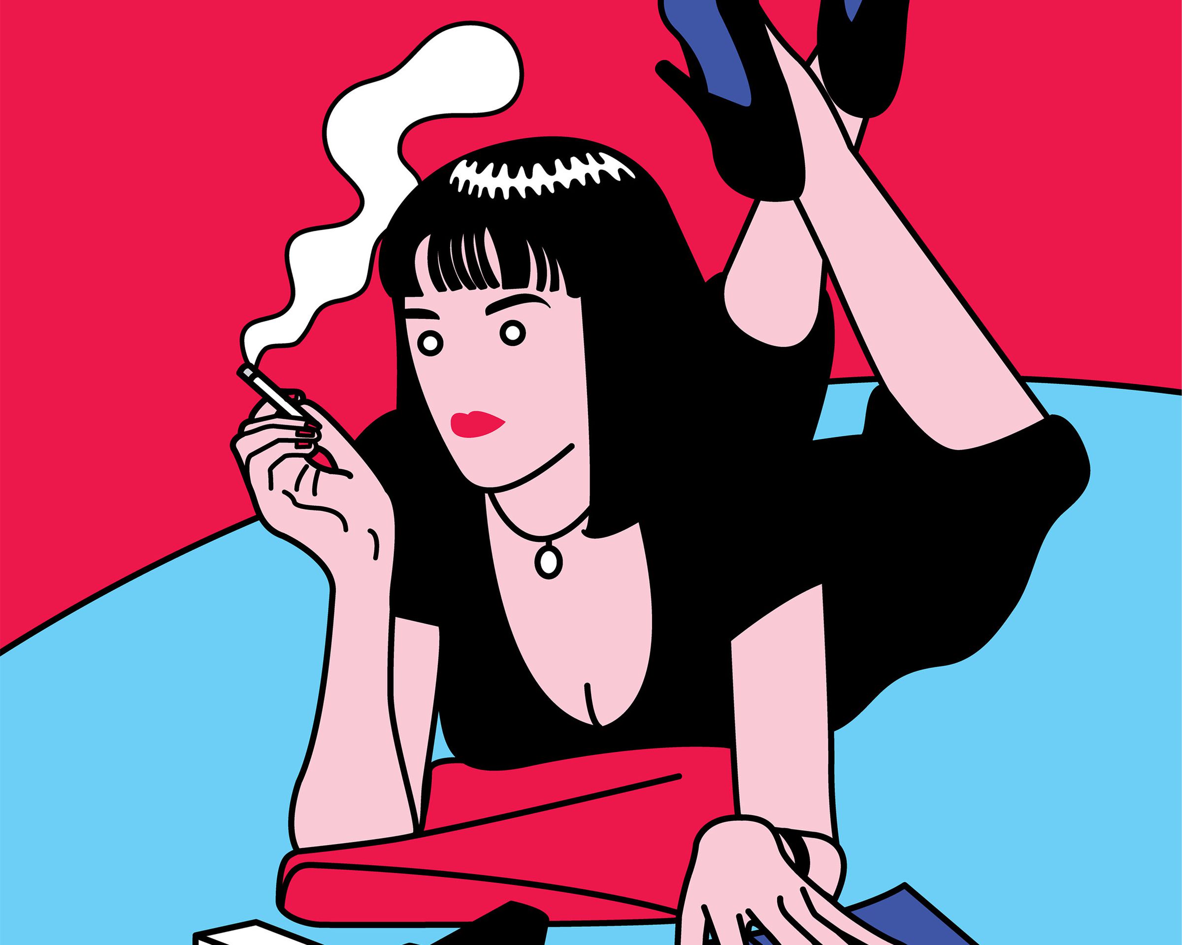 A cartoon drawing based on Uma Thurman in Pulp Fiction. She is laying on her stomach with her legs crossed behind her as she smokes a cigarette.