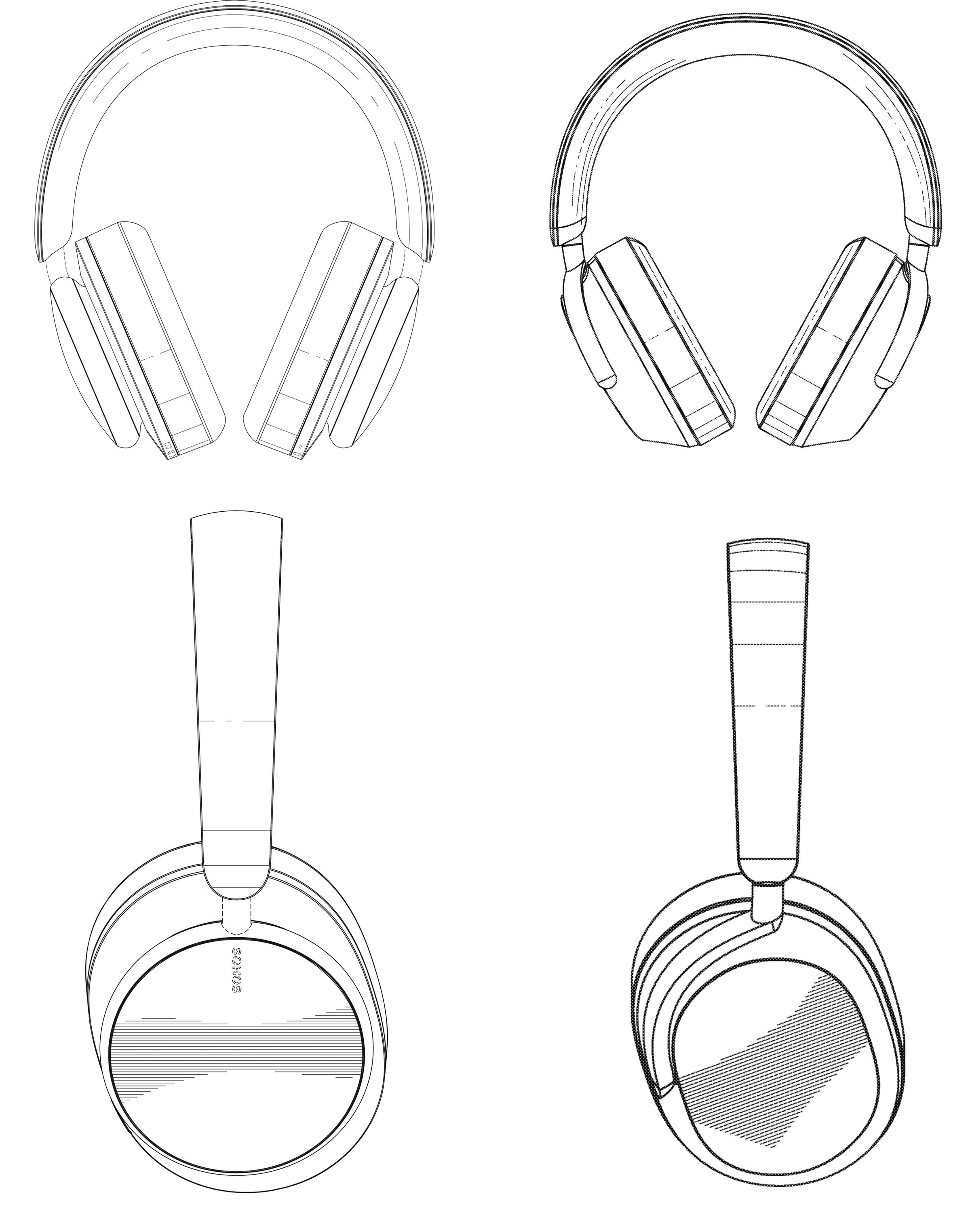 The latest headphone patent from Sonos (left) shows a more refined design than an earlier USPTO filing (right).