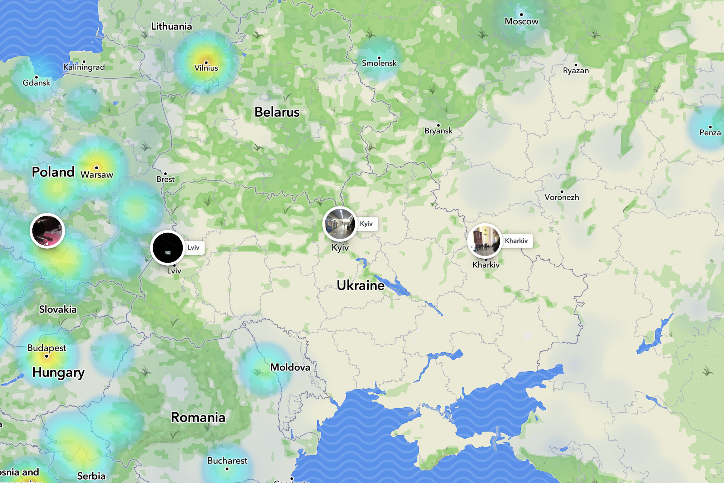 The heatmap shows how many people are submitting snaps in an area.