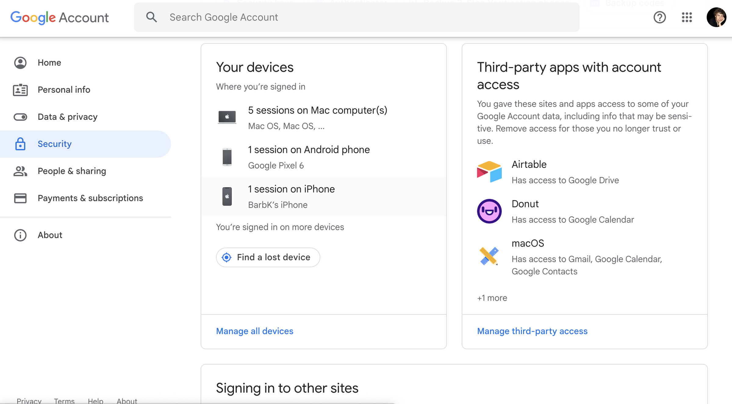 Google account page with search box in top center, menu on left side, list headed Your devices in center, and list headed Third-party apps with account accent on right.