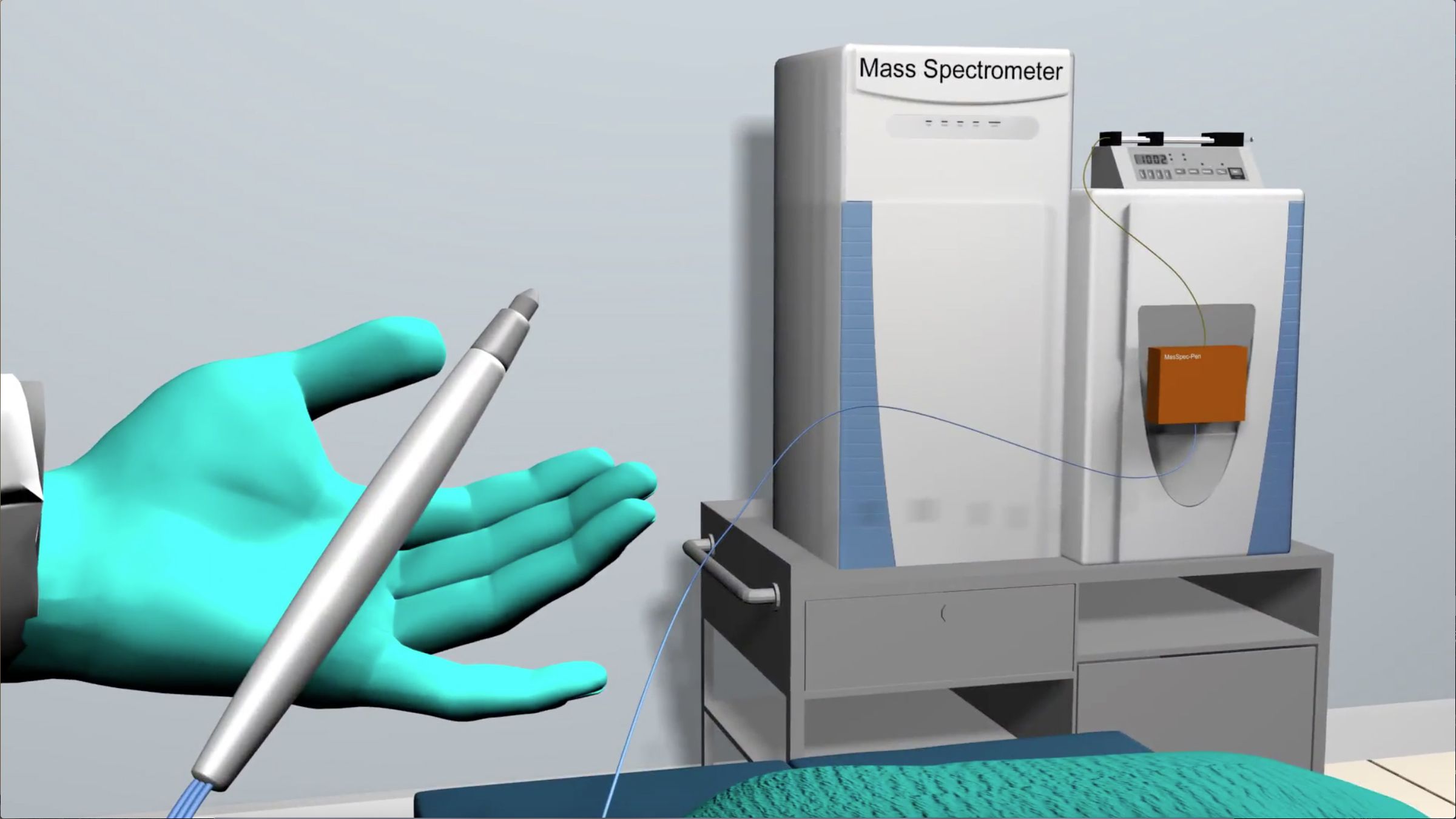 An illustration of the pen and the instrument, called a mass spectrometer, that analyzes the tissue.